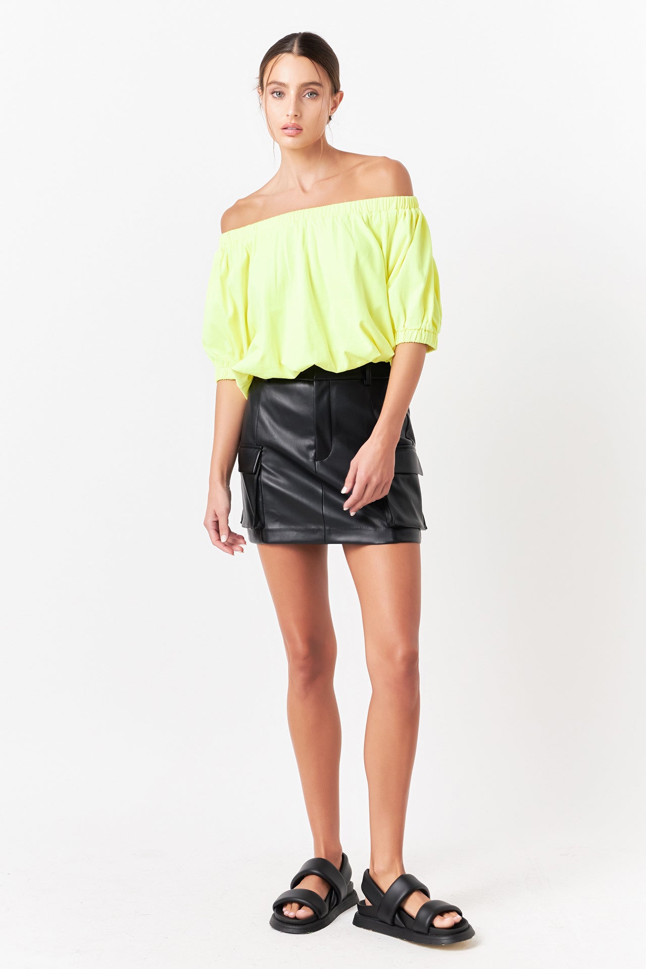 GREY LAB - Neon Color Elastic Detail Balloon Cropped Top - TOPS available at Objectrare