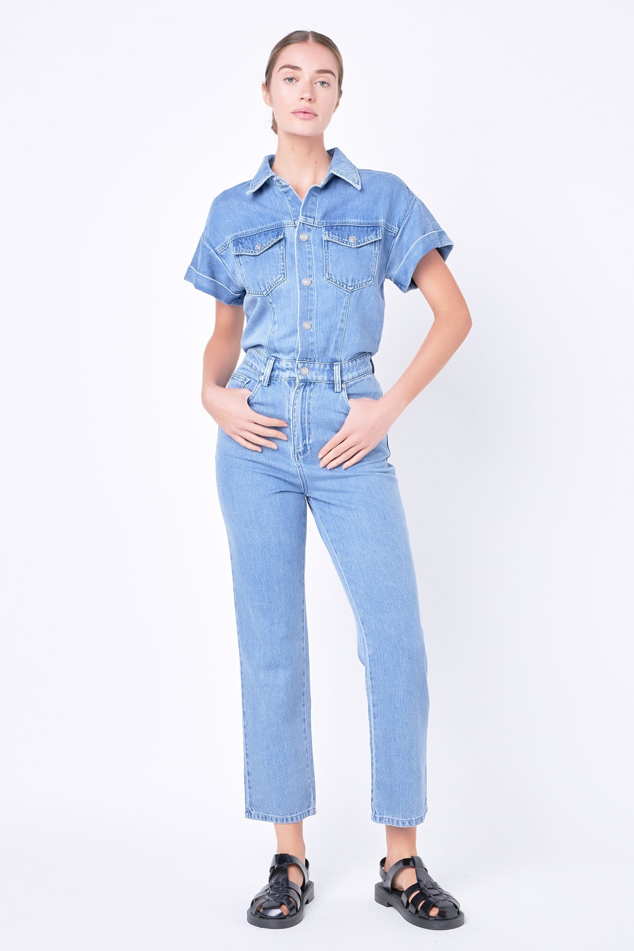 GREY LAB - Short Sleeve Denim Jumpsuit - JUMPSUITS available at Objectrare