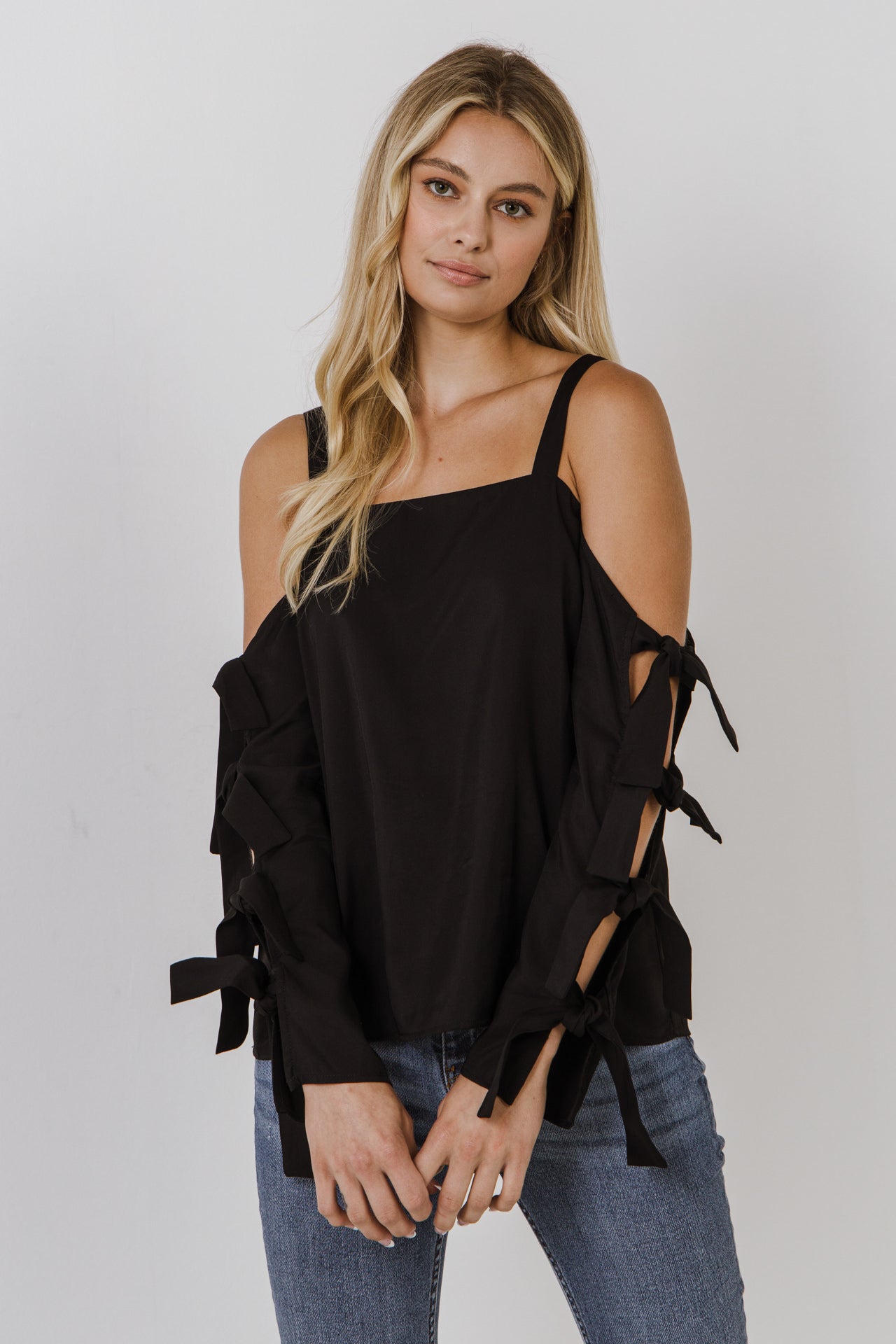 ENDLESS ROSE - Cold Shoulder Top with Tied Ribbon Sleeve - TOPS available at Objectrare