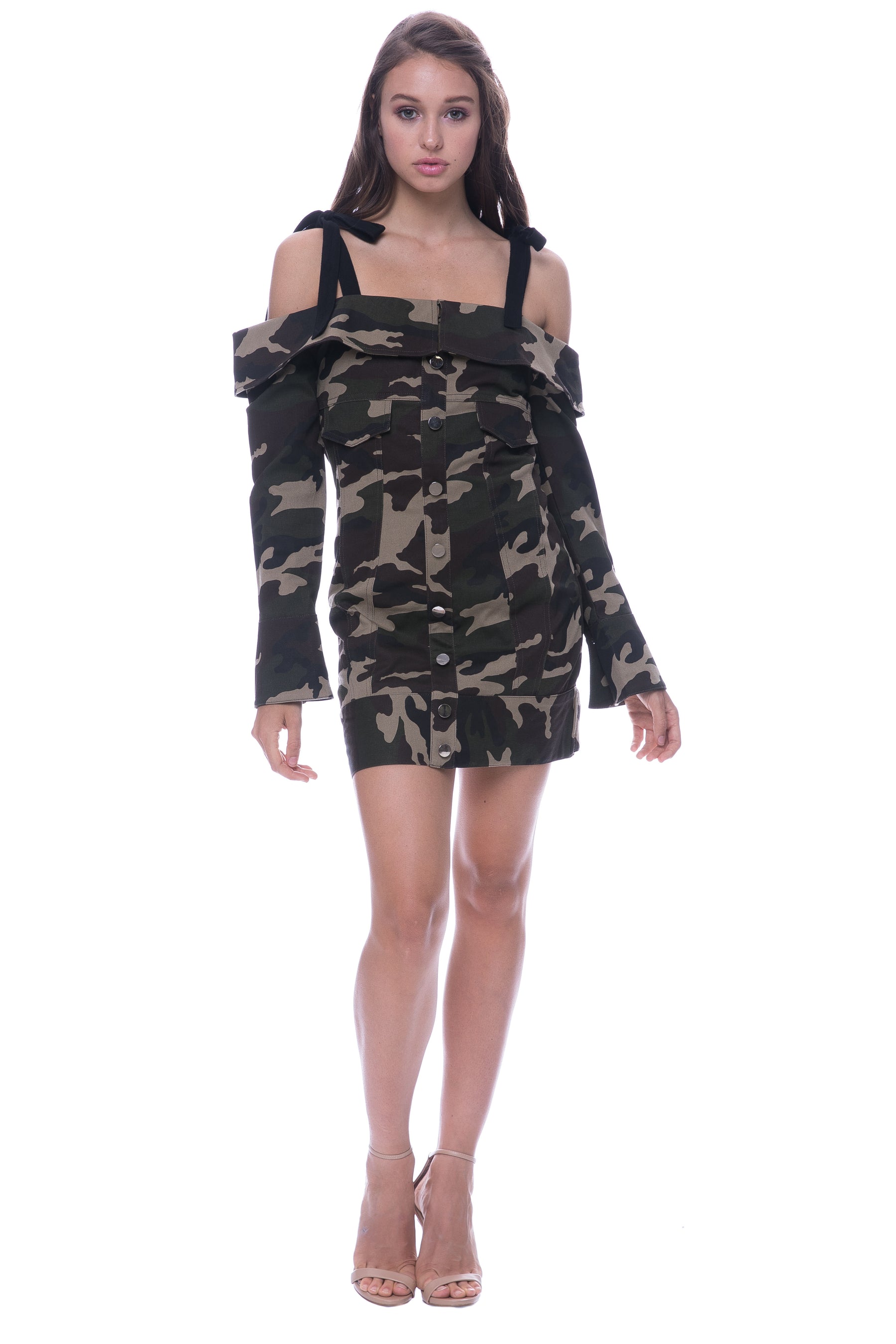 ENDLESS ROSE - Camo Print Cold Shoulder Mini Dress - DRESSES available at Objectrare