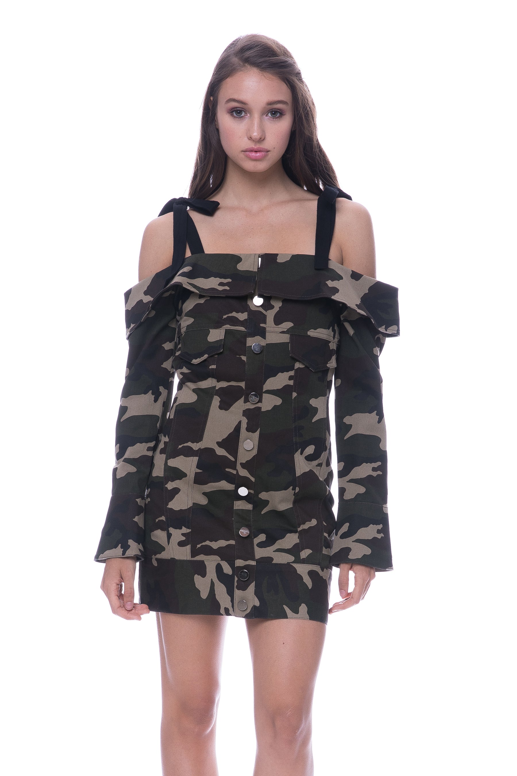 ENDLESS ROSE - Camo Print Cold Shoulder Mini Dress - DRESSES available at Objectrare