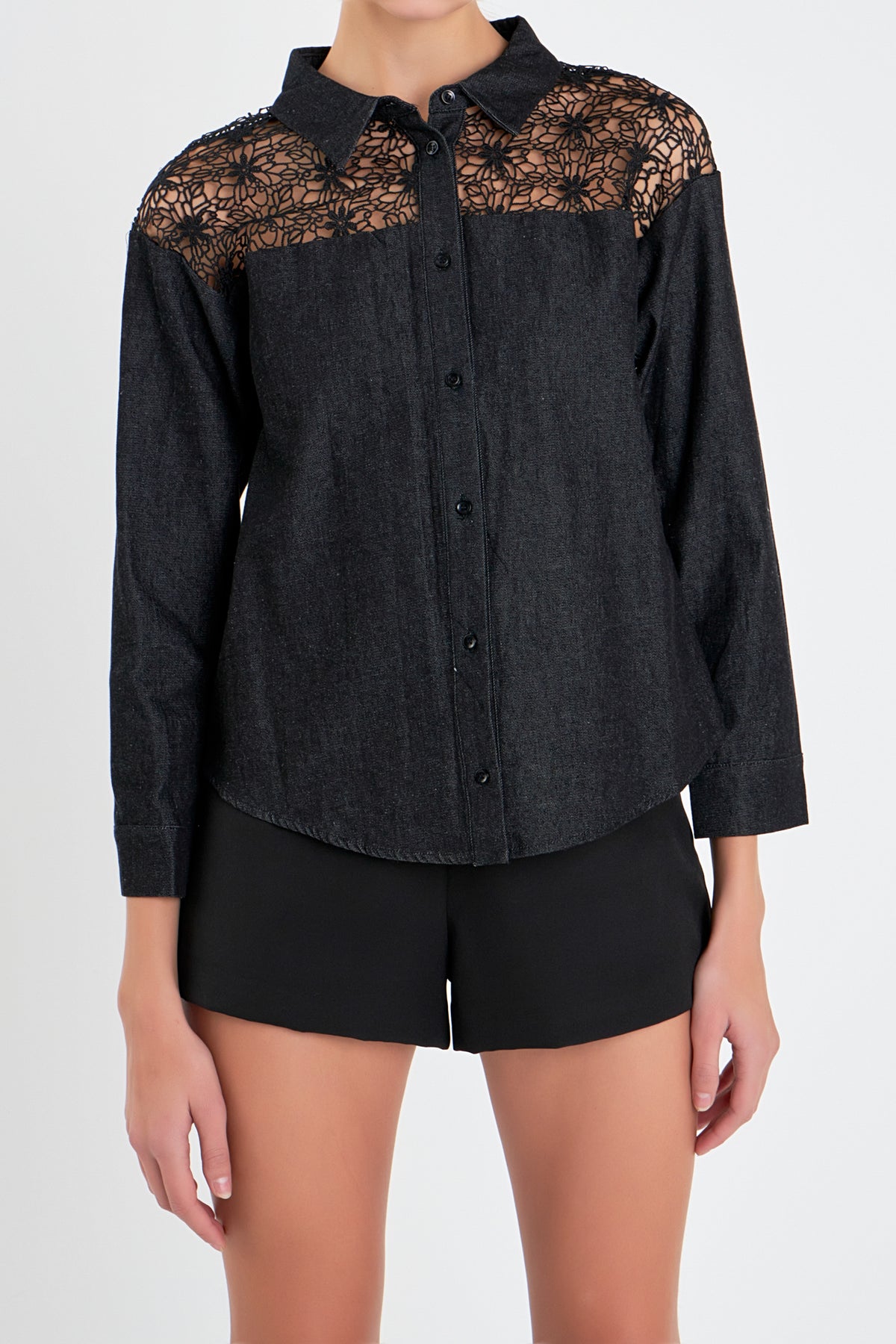 ENGLISH FACTORY - Long Sleeve Laced Jeans Shirt - TOPS available at Objectrare