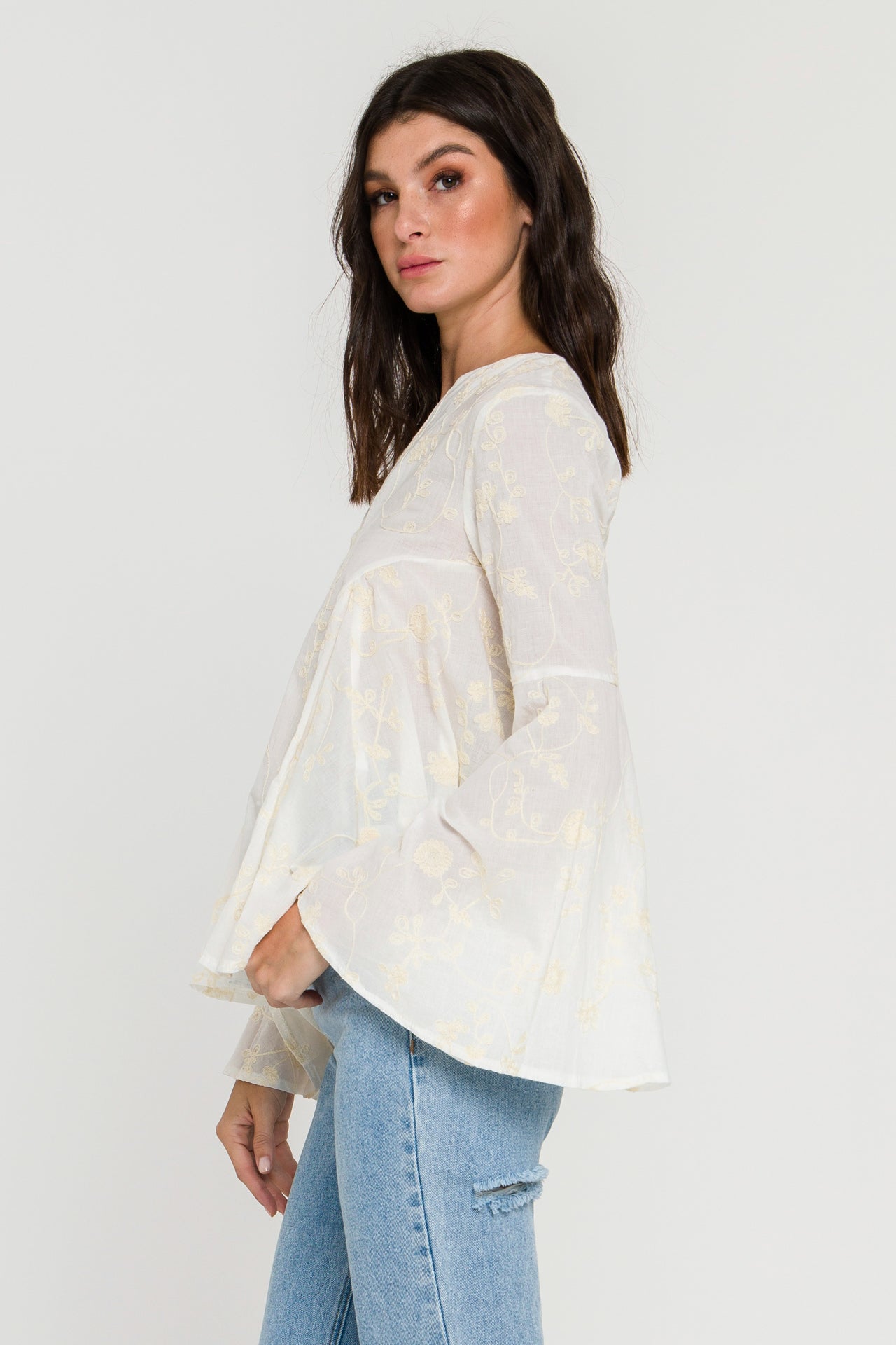 FREE THE ROSES - Embroidery Bell Sleeve Blouse - TOPS available at Objectrare