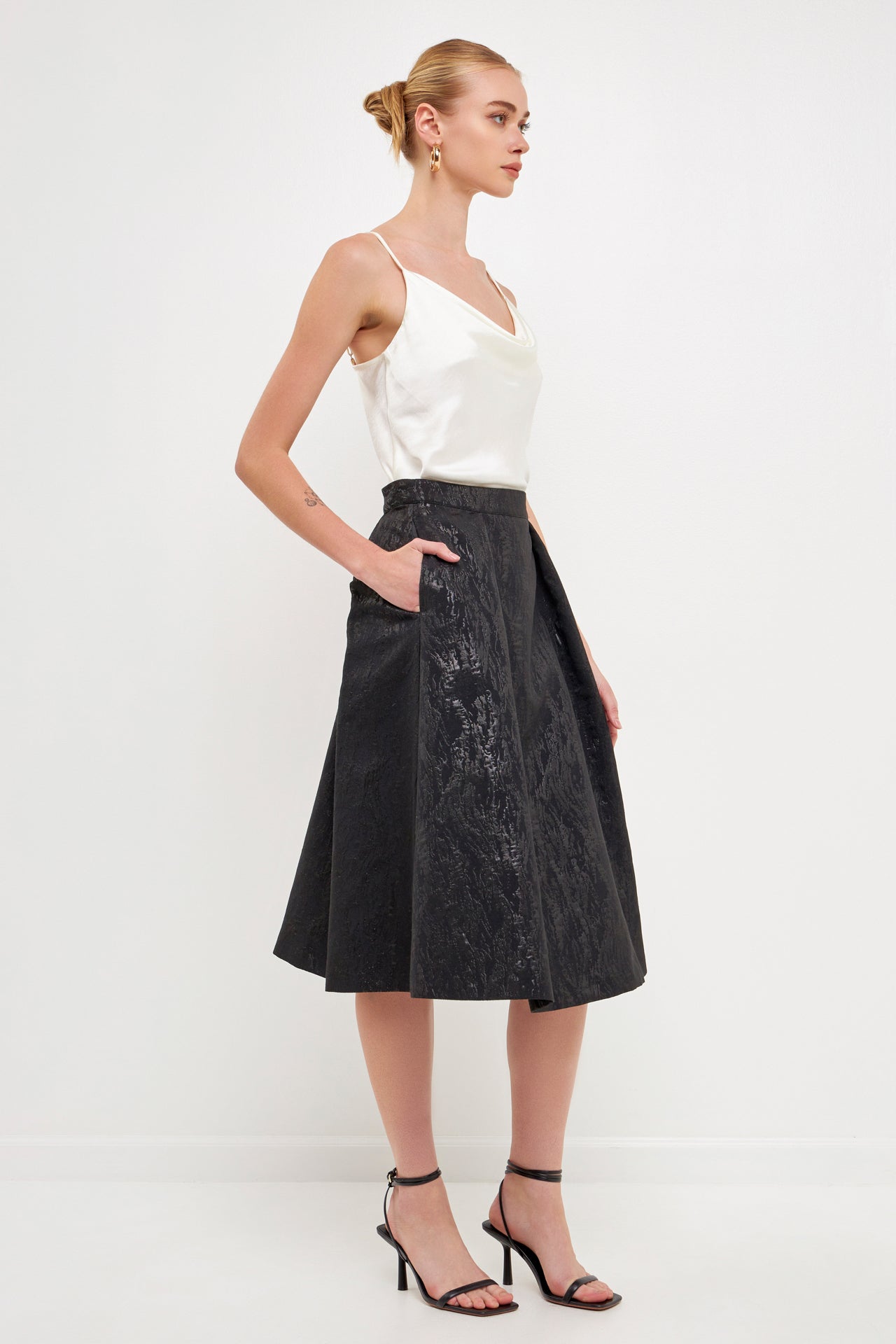 ENDLESS ROSE - Metallic Jacquard Flare Midi Skirt - SKIRTS available at Objectrare