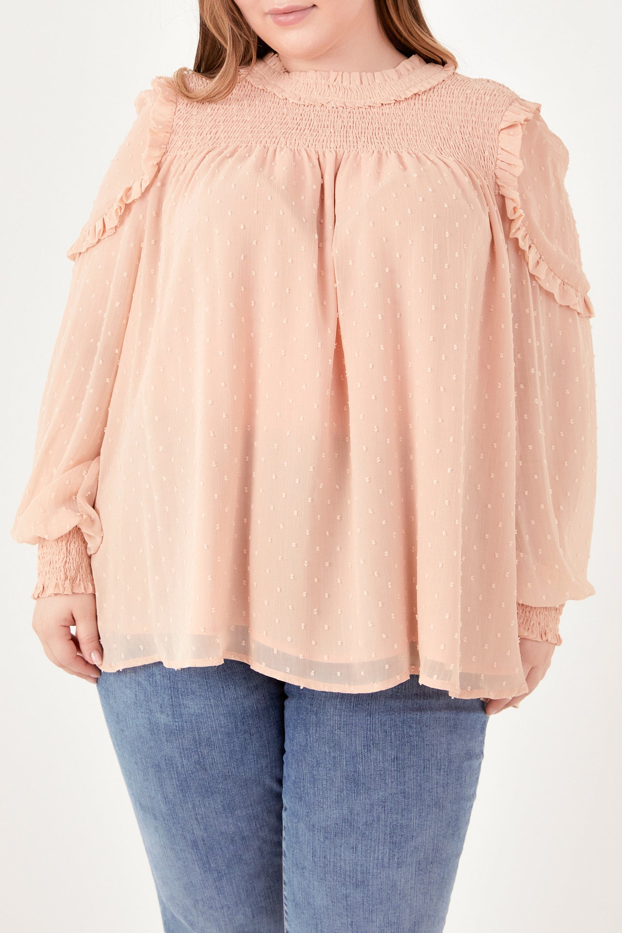 Plus Size Smocked Ruffle Swiss Dot Blouse