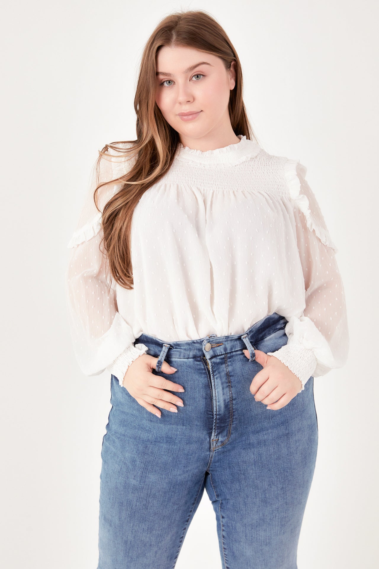 Plus Size Smocked Ruffle Swiss Dot Blouse