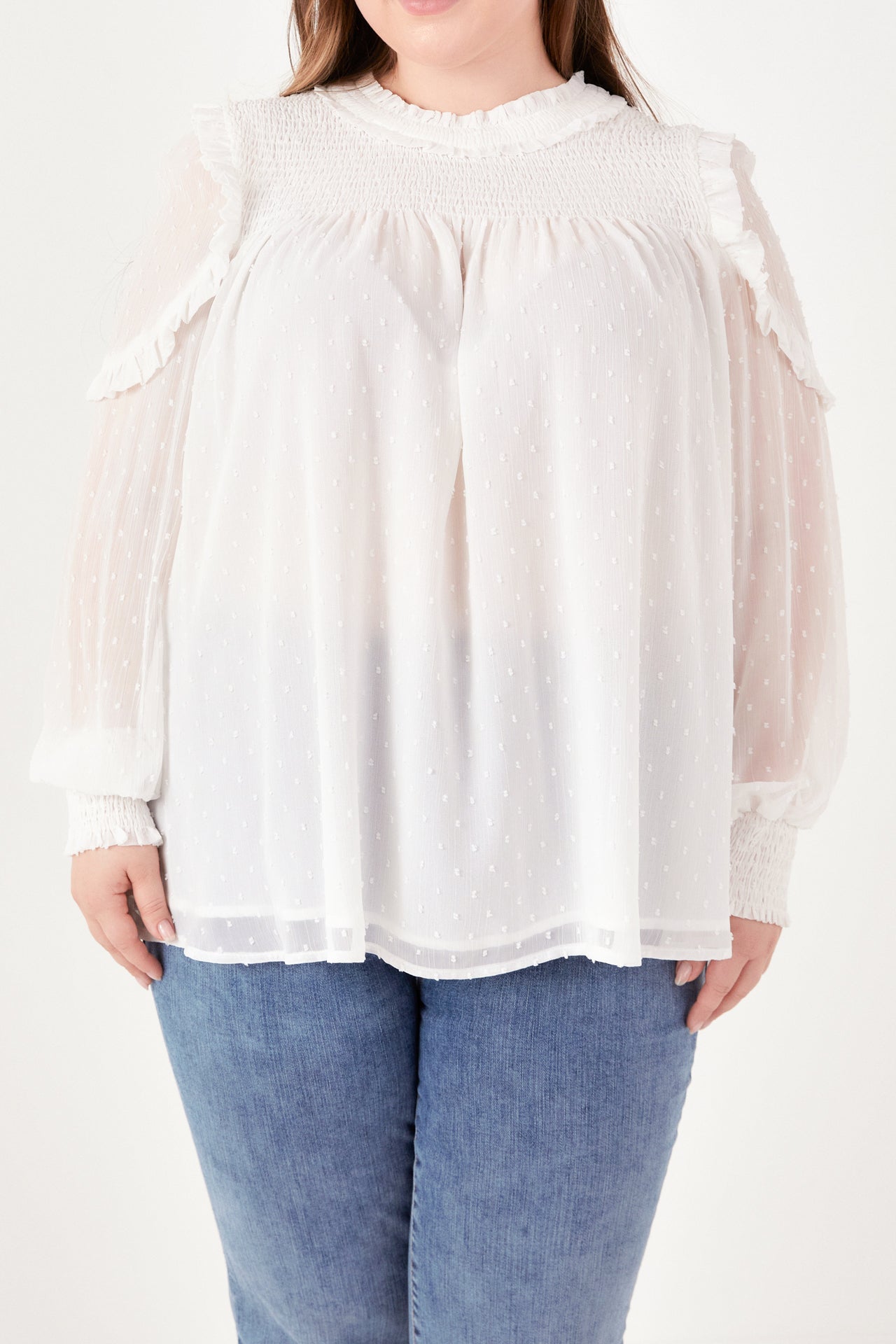 Plus Size Smocked Ruffle Swiss Dot Blouse