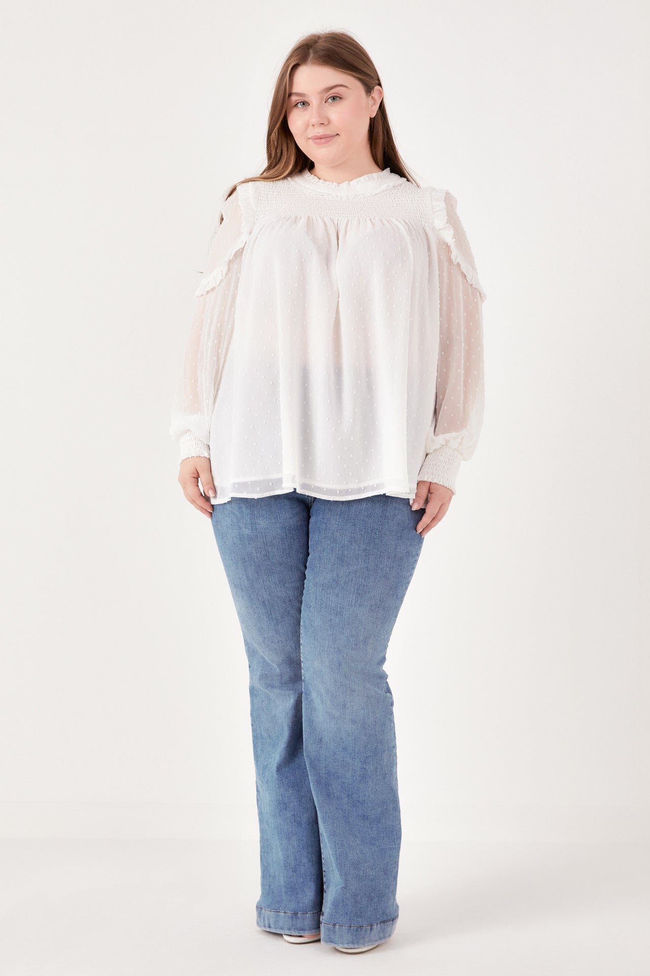 Plus Size Smocked Ruffle Swiss Dot Blouse