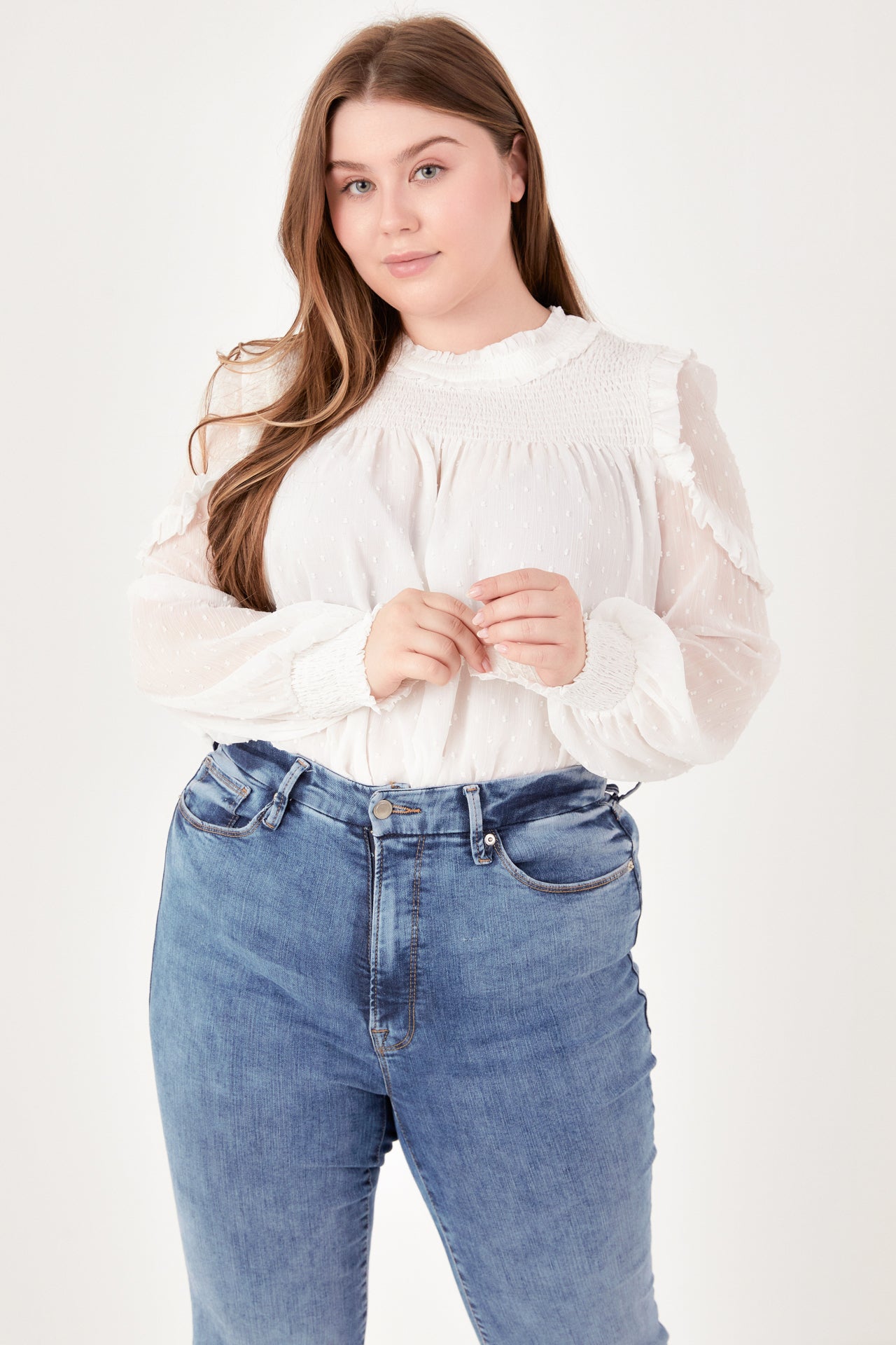 Plus Size Smocked Ruffle Swiss Dot Blouse