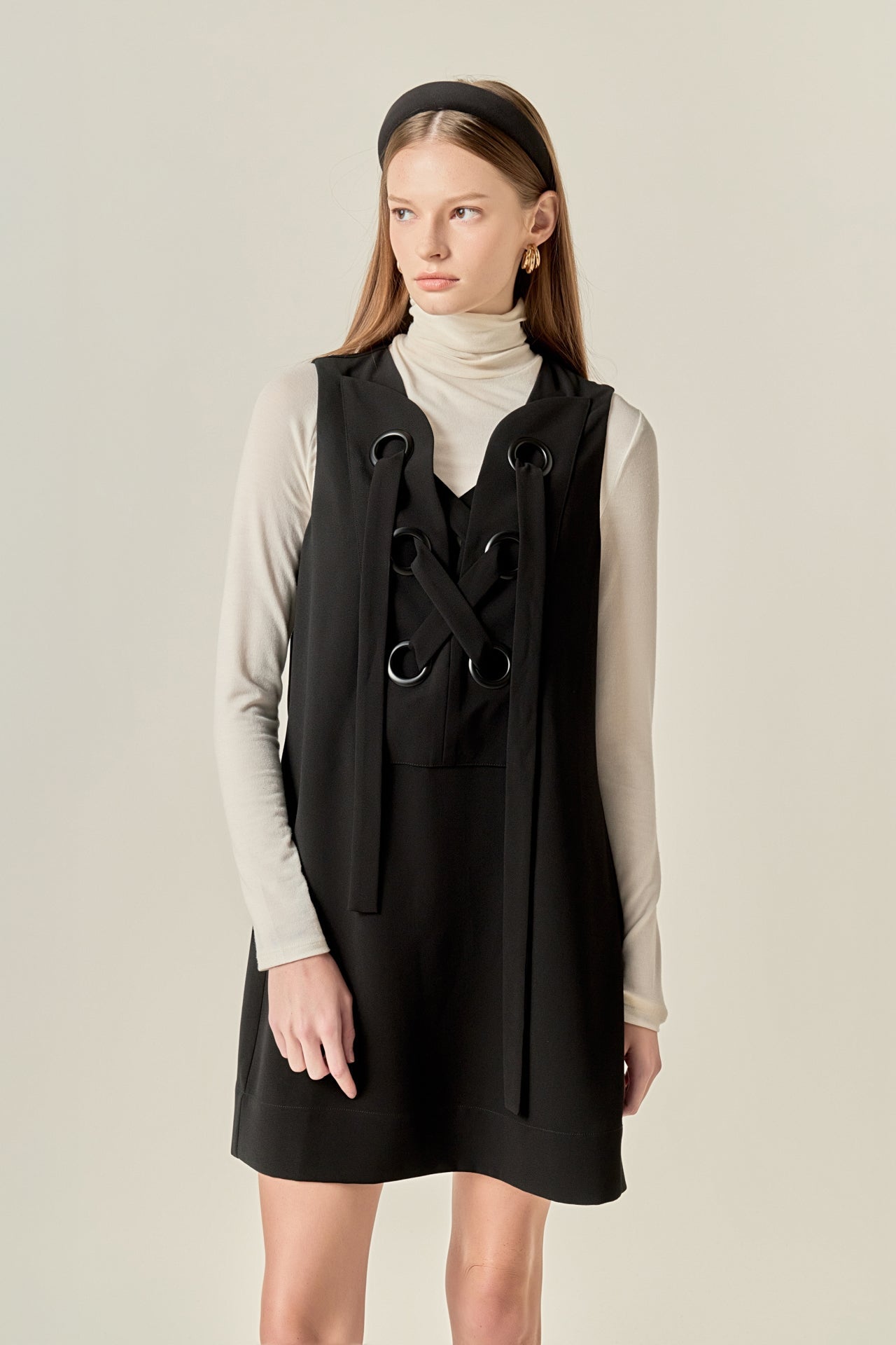 Lace-Up Detail Woven Mini Dress