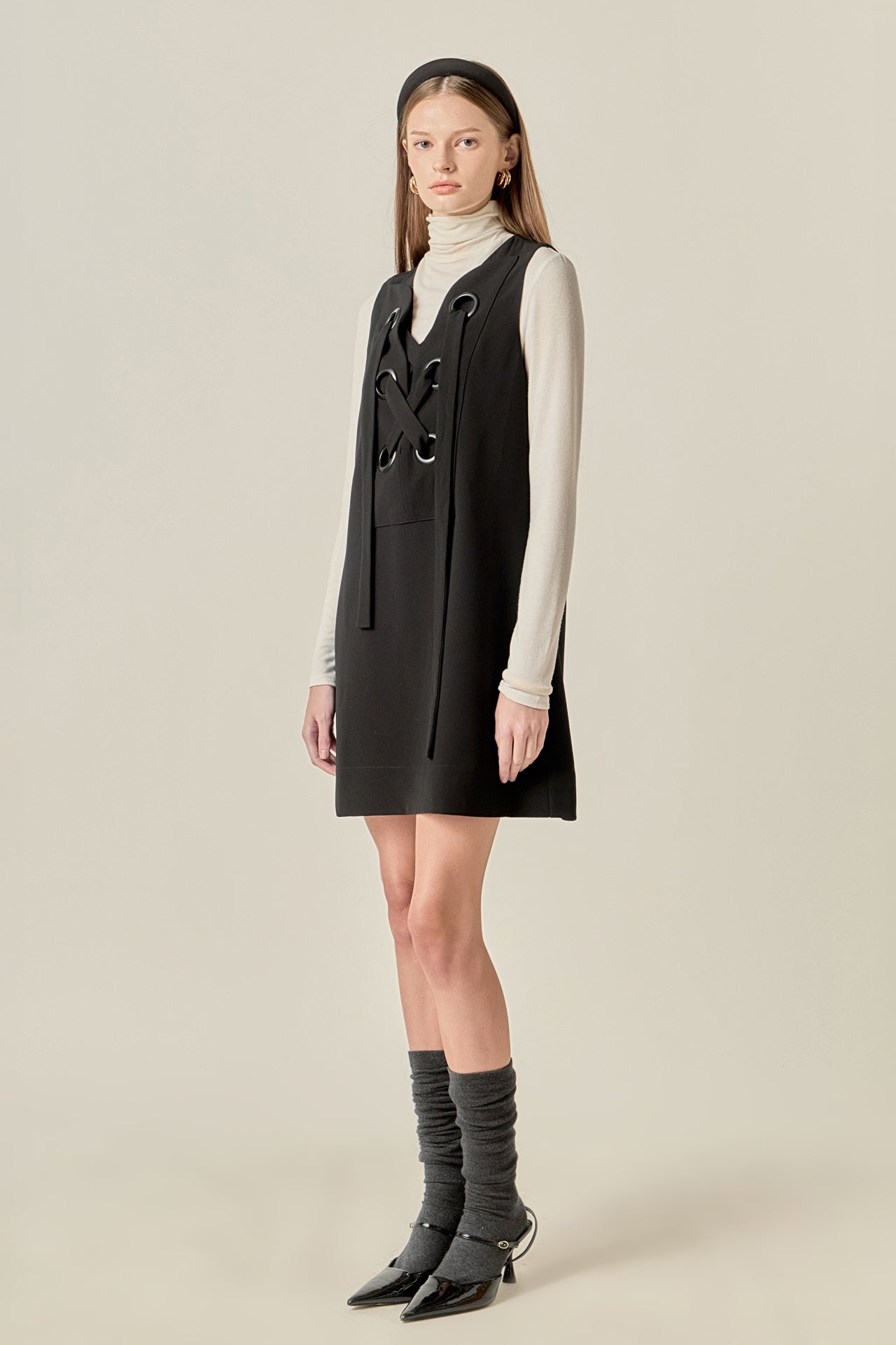 Lace-Up Detail Woven Mini Dress
