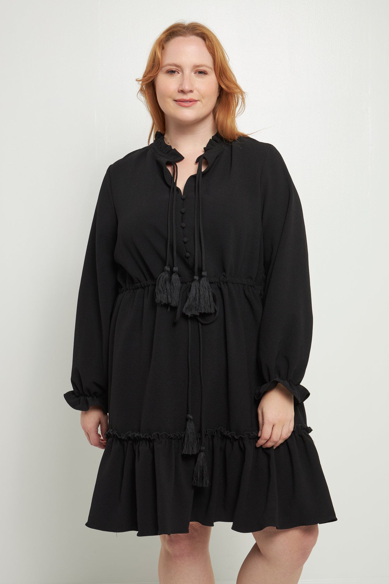 ENGLISH FACTORY - Plus Size Tassel Trim Dress With Ruffled Hem - DRESSES available at Objectrare