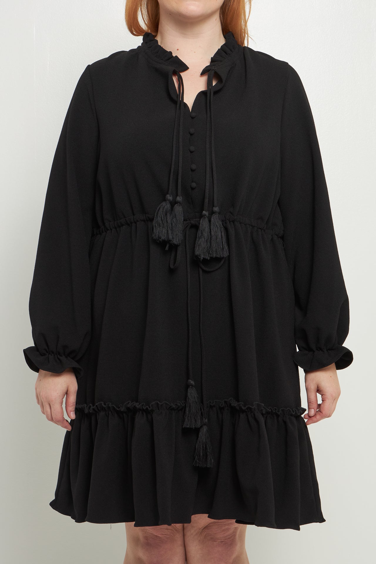 ENGLISH FACTORY - Plus Size Tassel Trim Dress With Ruffled Hem - DRESSES available at Objectrare