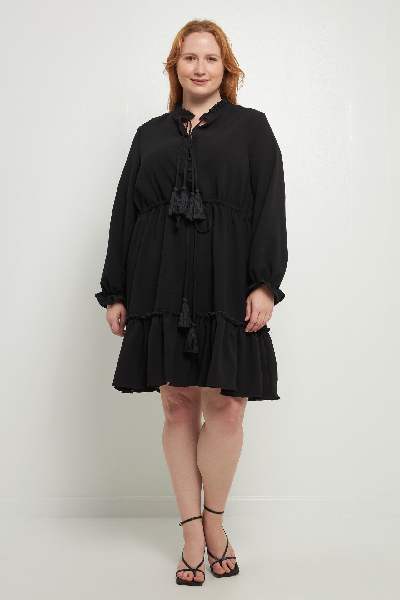 ENGLISH FACTORY - Plus Size Tassel Trim Dress With Ruffled Hem - DRESSES available at Objectrare