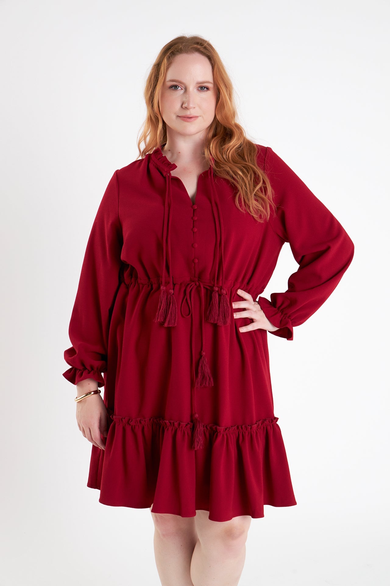 ENGLISH FACTORY - Plus Size Tassel Trim Dress With Ruffled Hem - DRESSES available at Objectrare