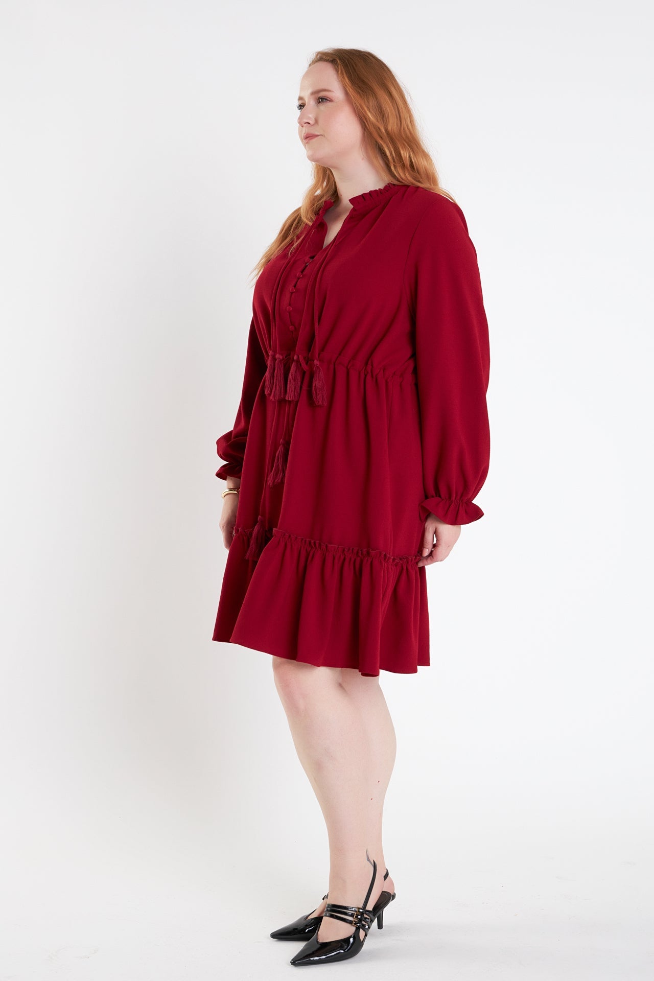 ENGLISH FACTORY - Plus Size Tassel Trim Dress With Ruffled Hem - DRESSES available at Objectrare