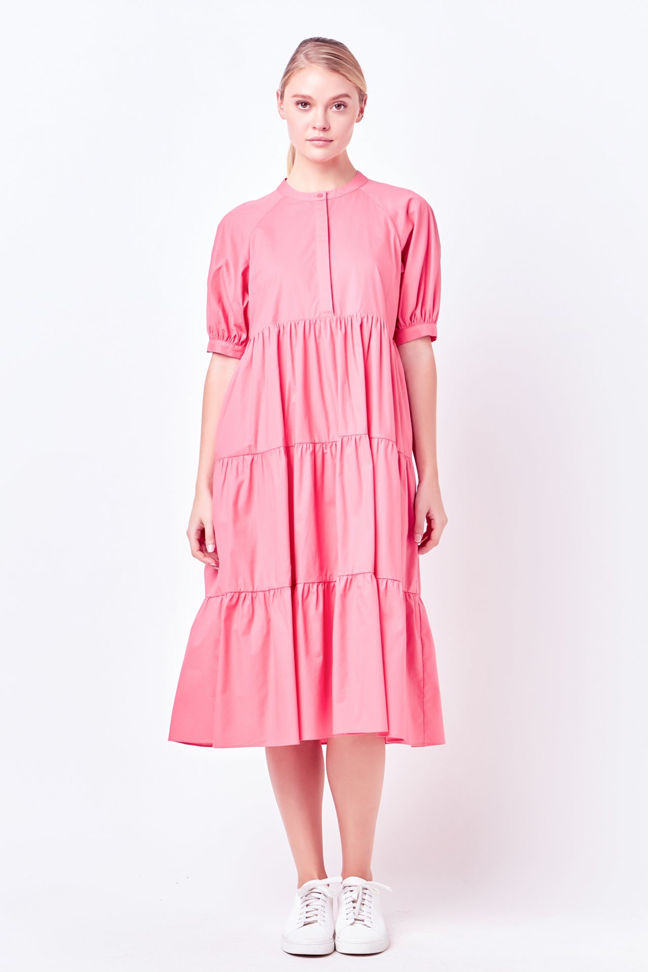 Short Puff Sleeve Midi Dress With Pockets