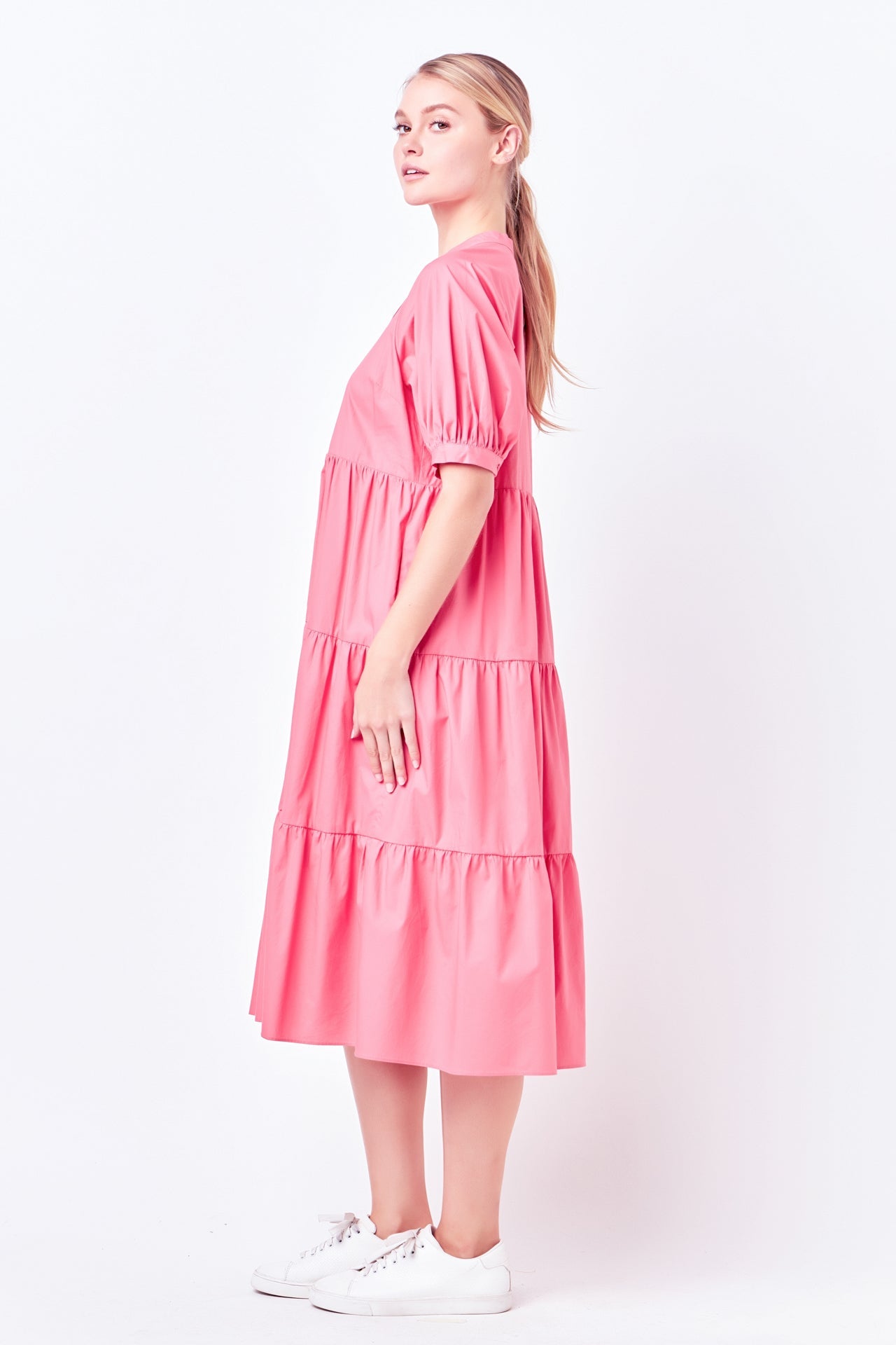 Short Puff Sleeve Midi Dress With Pockets