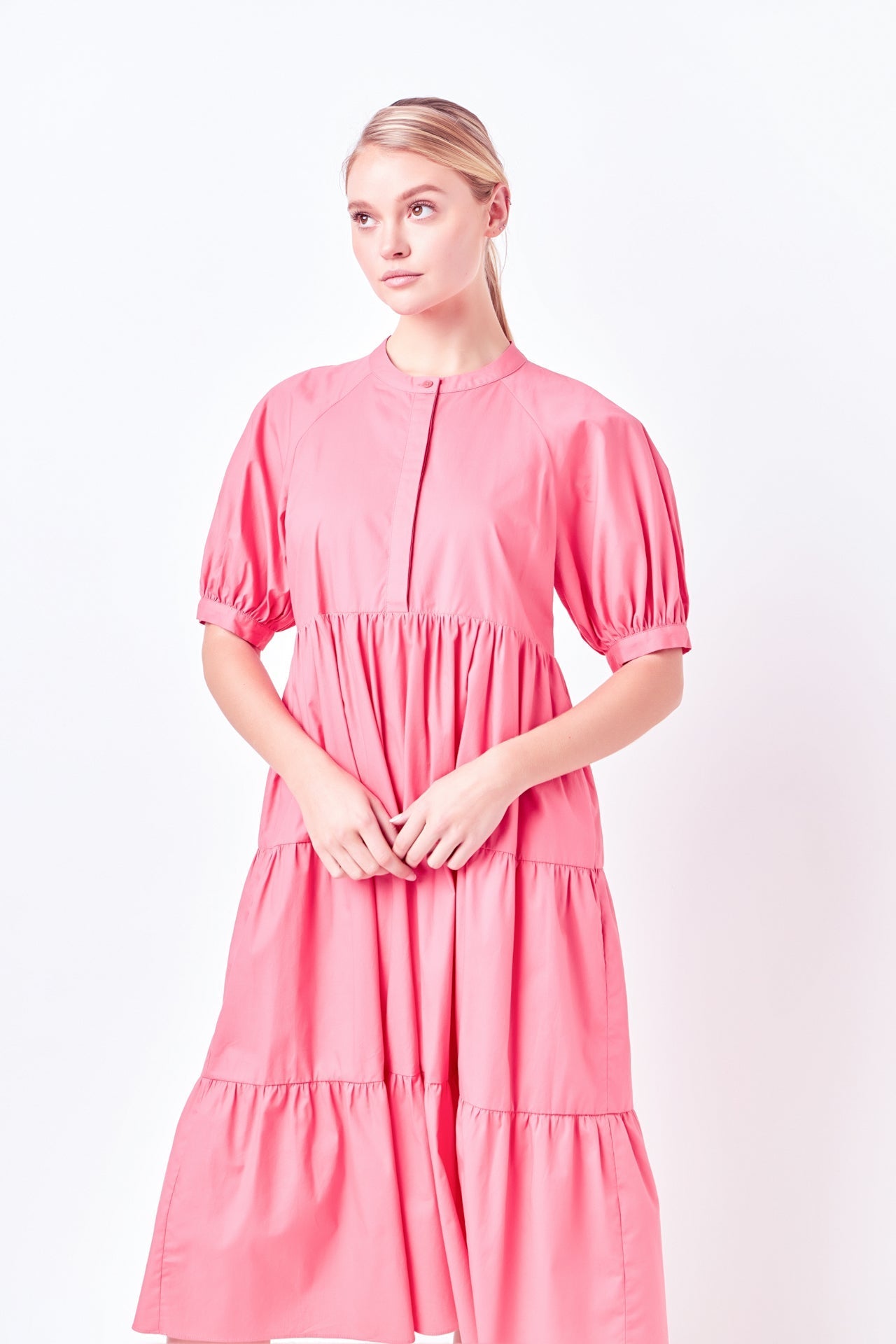 Short Puff Sleeve Midi Dress With Pockets