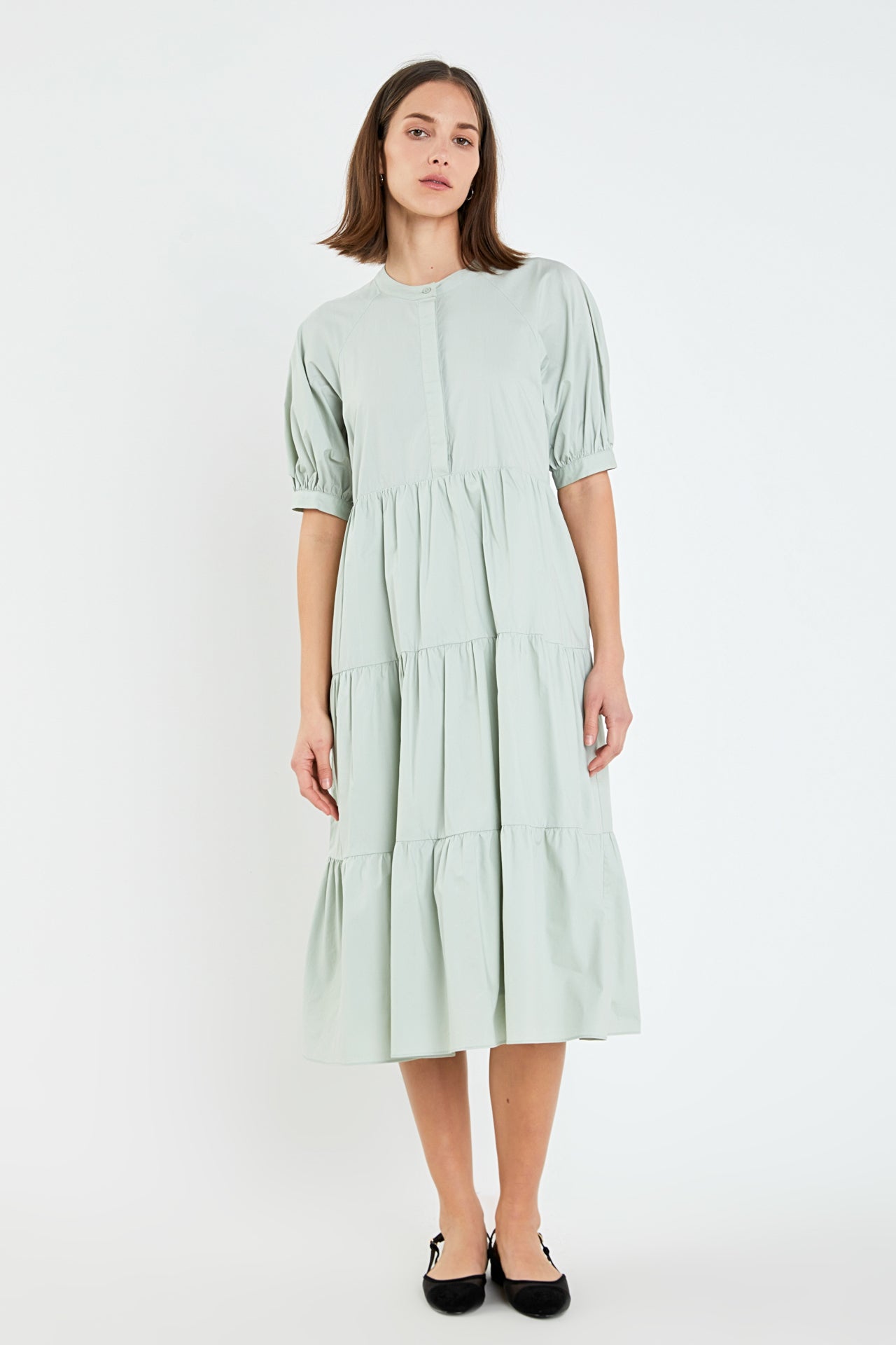 Short Puff Sleeve Midi Dress With Pockets
