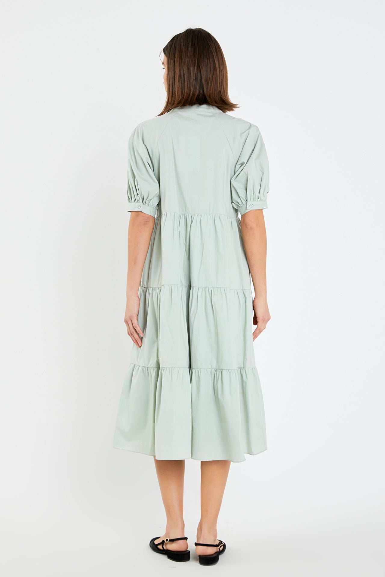 Short Puff Sleeve Midi Dress With Pockets