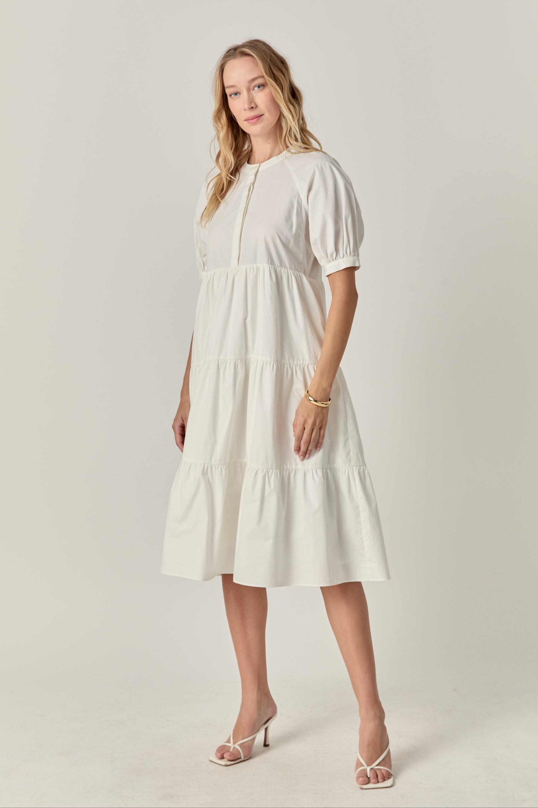 Short Puff Sleeve Midi Dress With Pockets