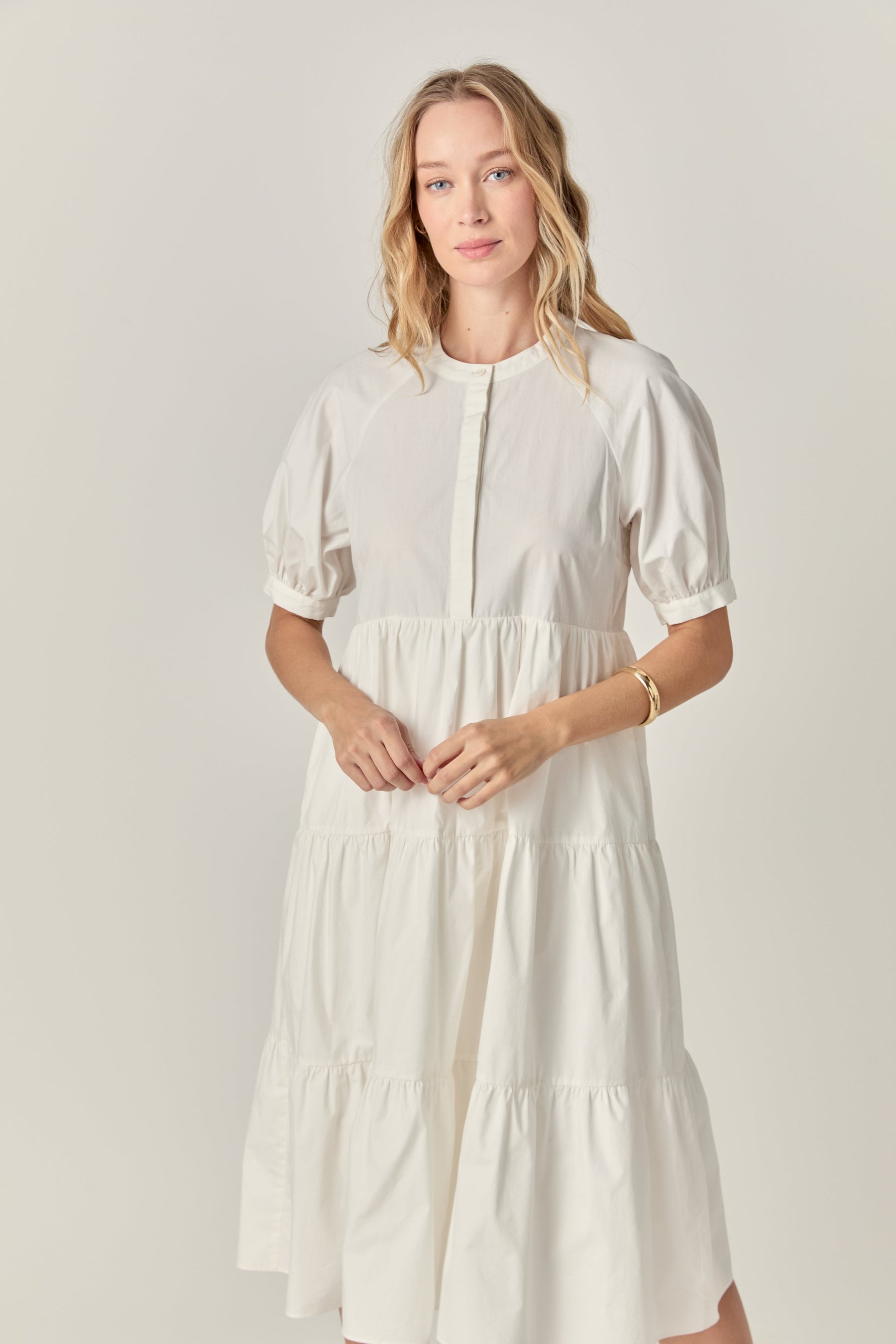 Short Puff Sleeve Midi Dress With Pockets