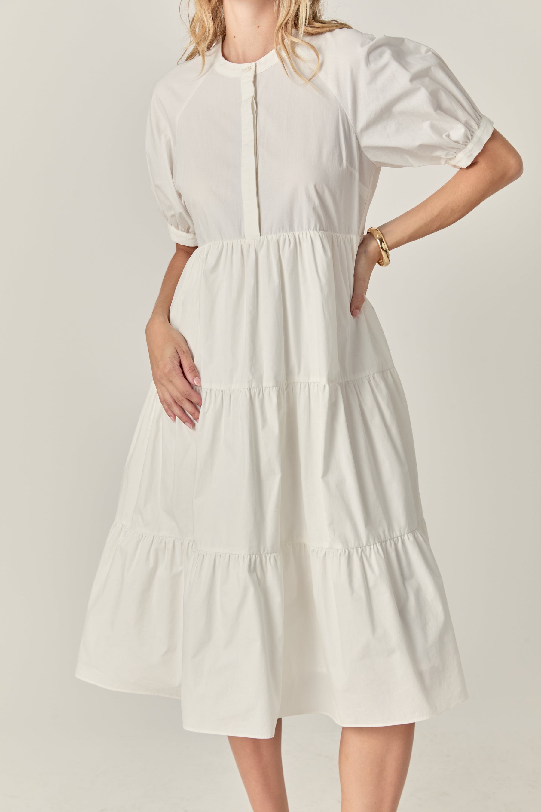 Short Puff Sleeve Midi Dress With Pockets