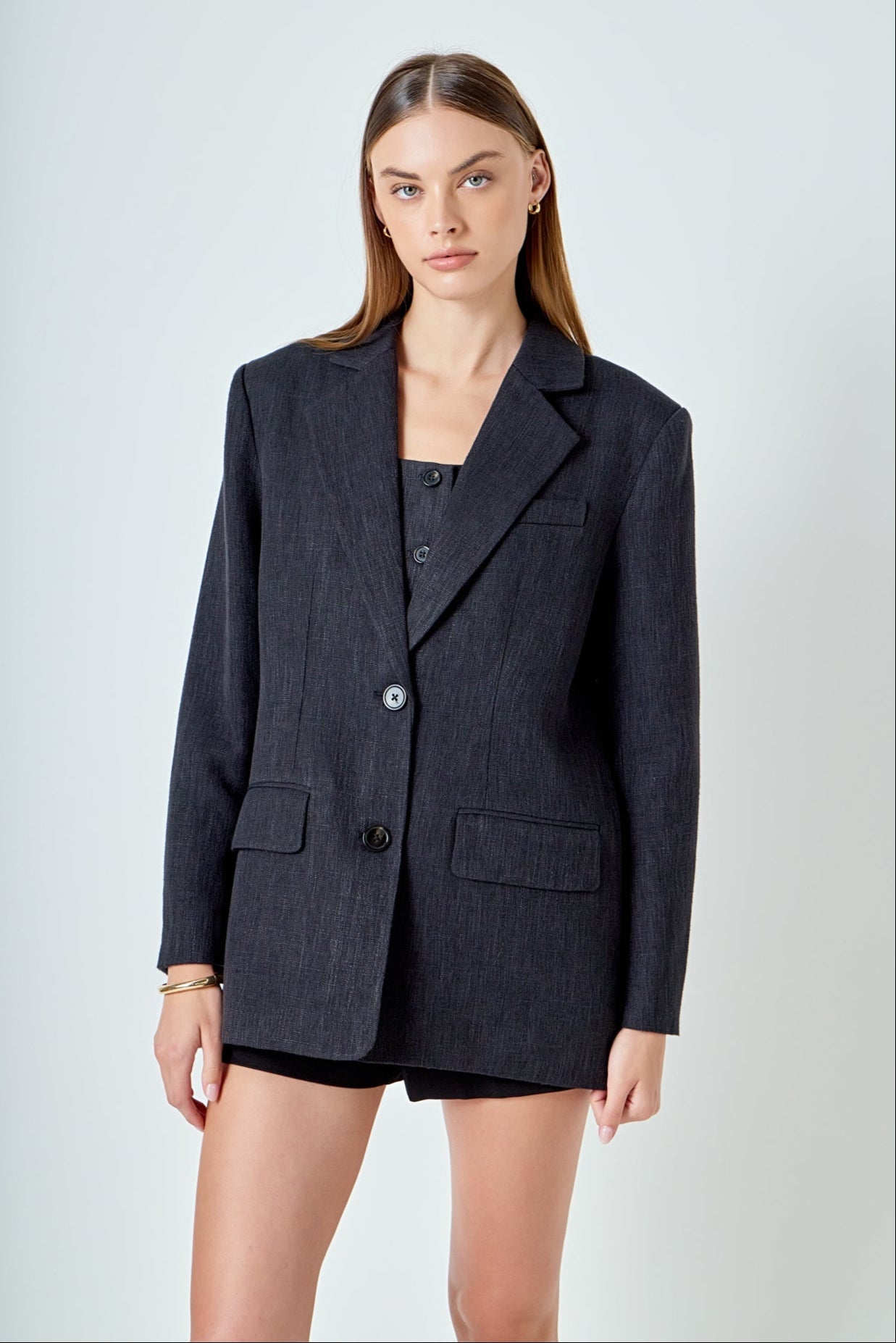 Linen Oversized Jewel Button Top