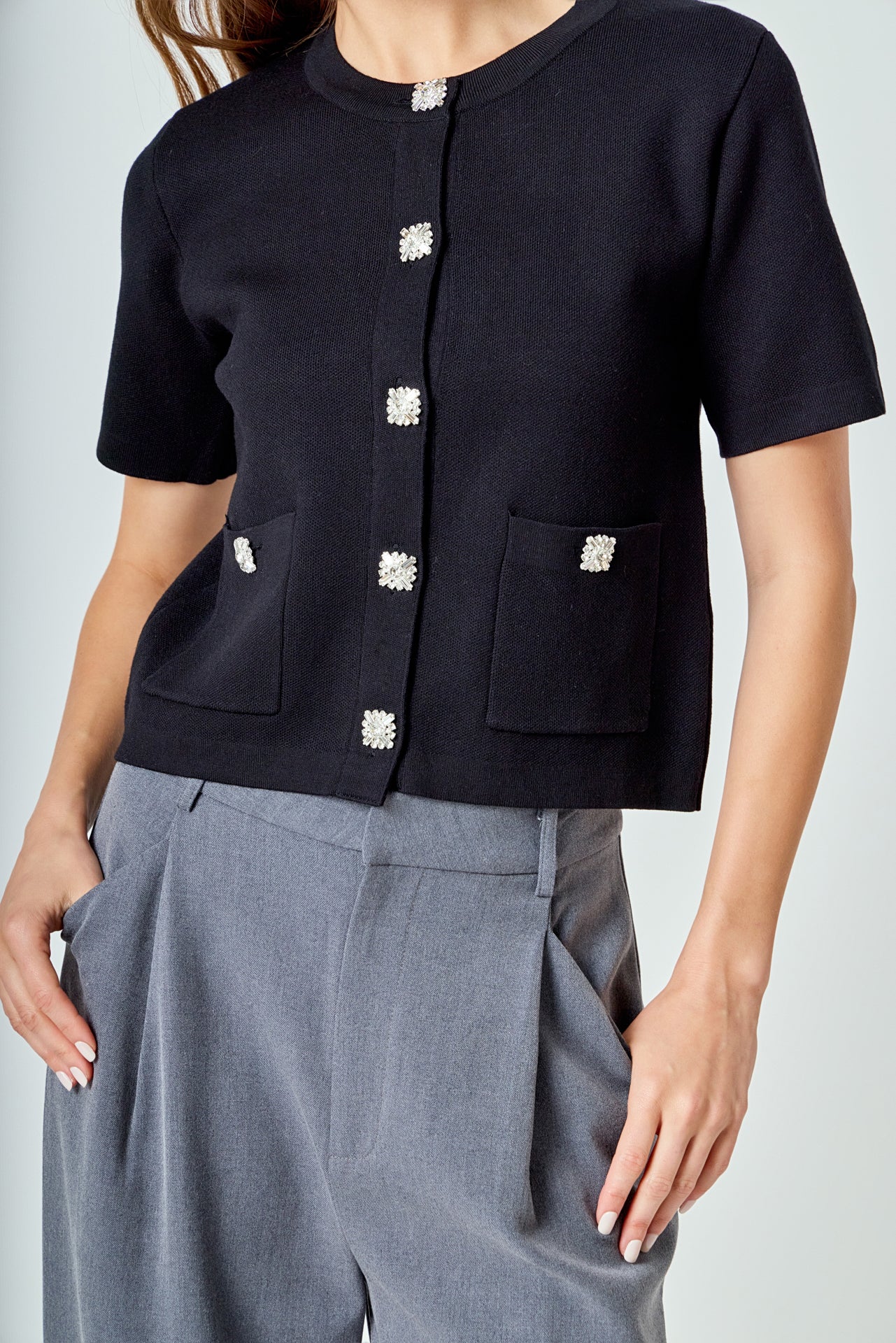 ENDLESS ROSE - Short Sleeve Jewel Button-Up Cardigan - SWEATERS & KNITS available at Objectrare