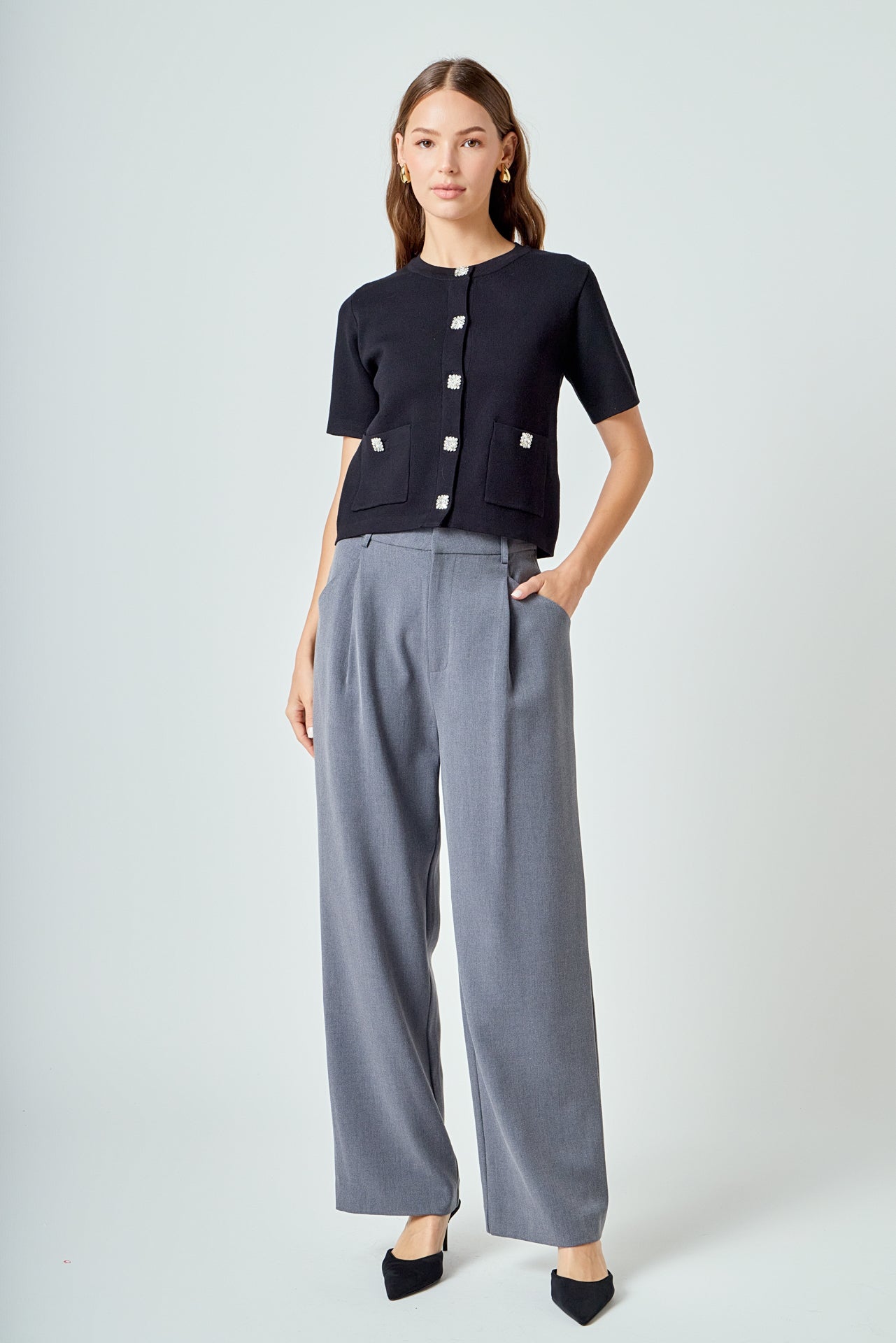 ENDLESS ROSE - Short Sleeve Jewel Button-Up Cardigan - SWEATERS & KNITS available at Objectrare