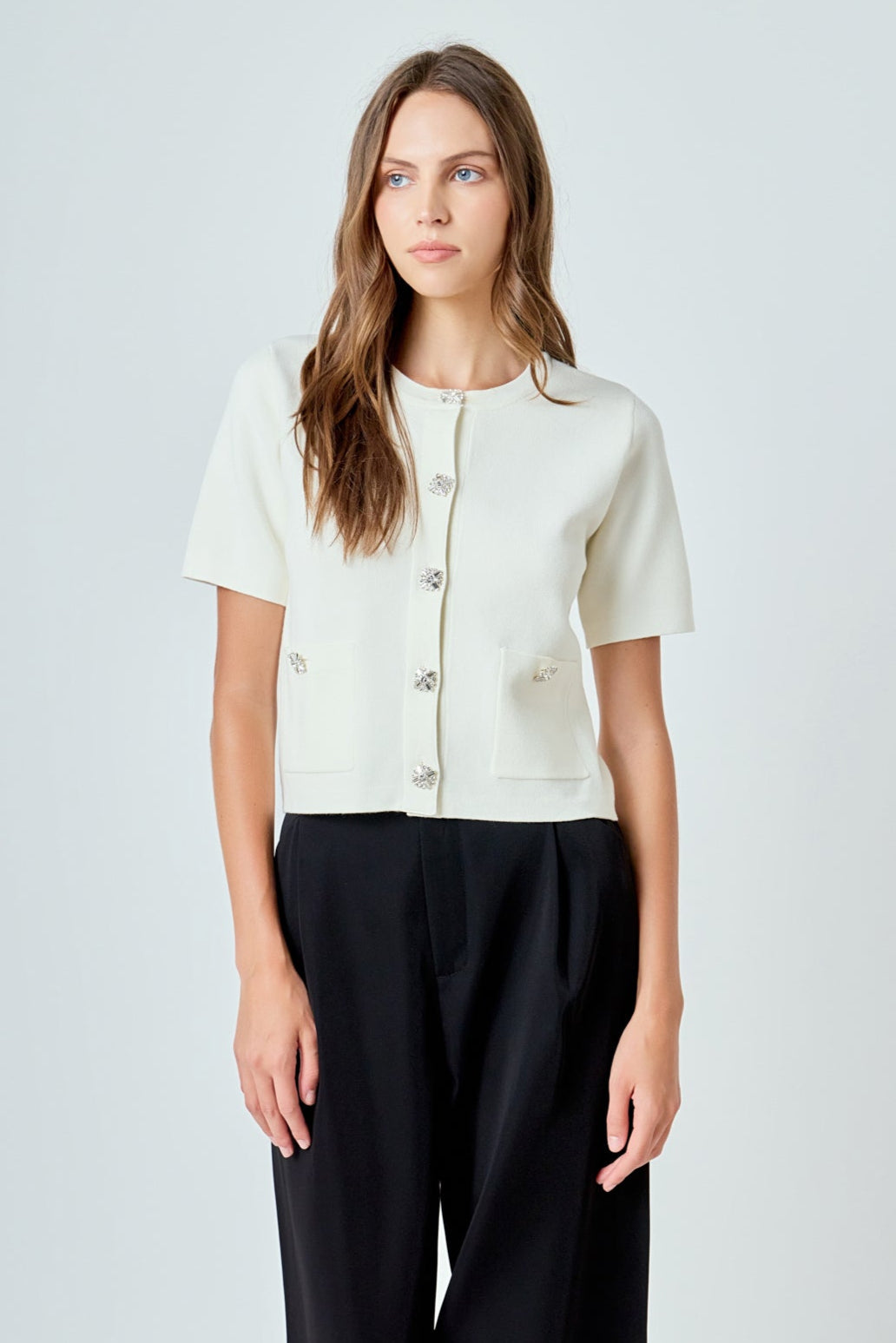 ENDLESS ROSE - Short Sleeve Jewel Button-Up Cardigan - SWEATERS & KNITS available at Objectrare