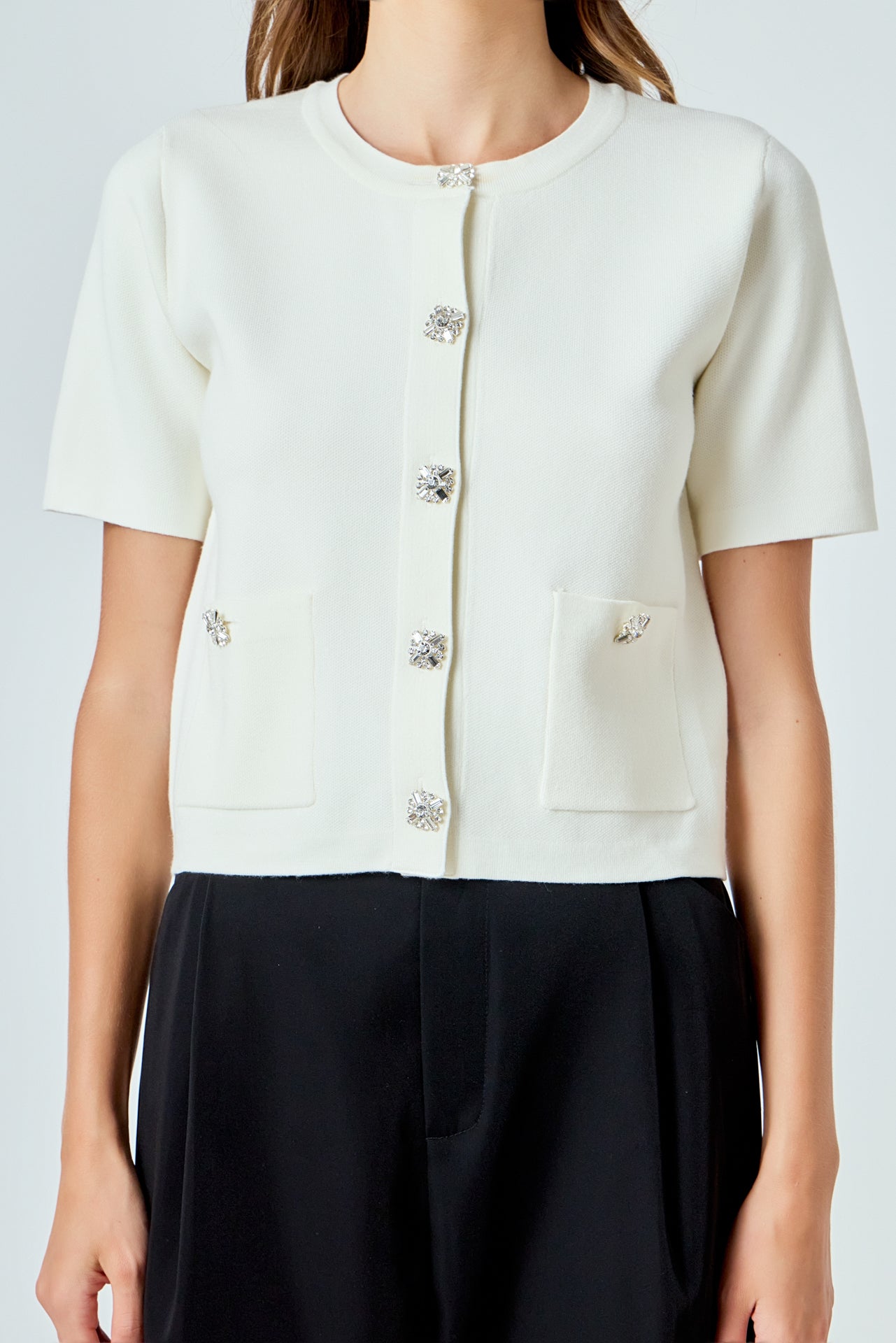 ENDLESS ROSE - Short Sleeve Jewel Button-Up Cardigan - SWEATERS & KNITS available at Objectrare