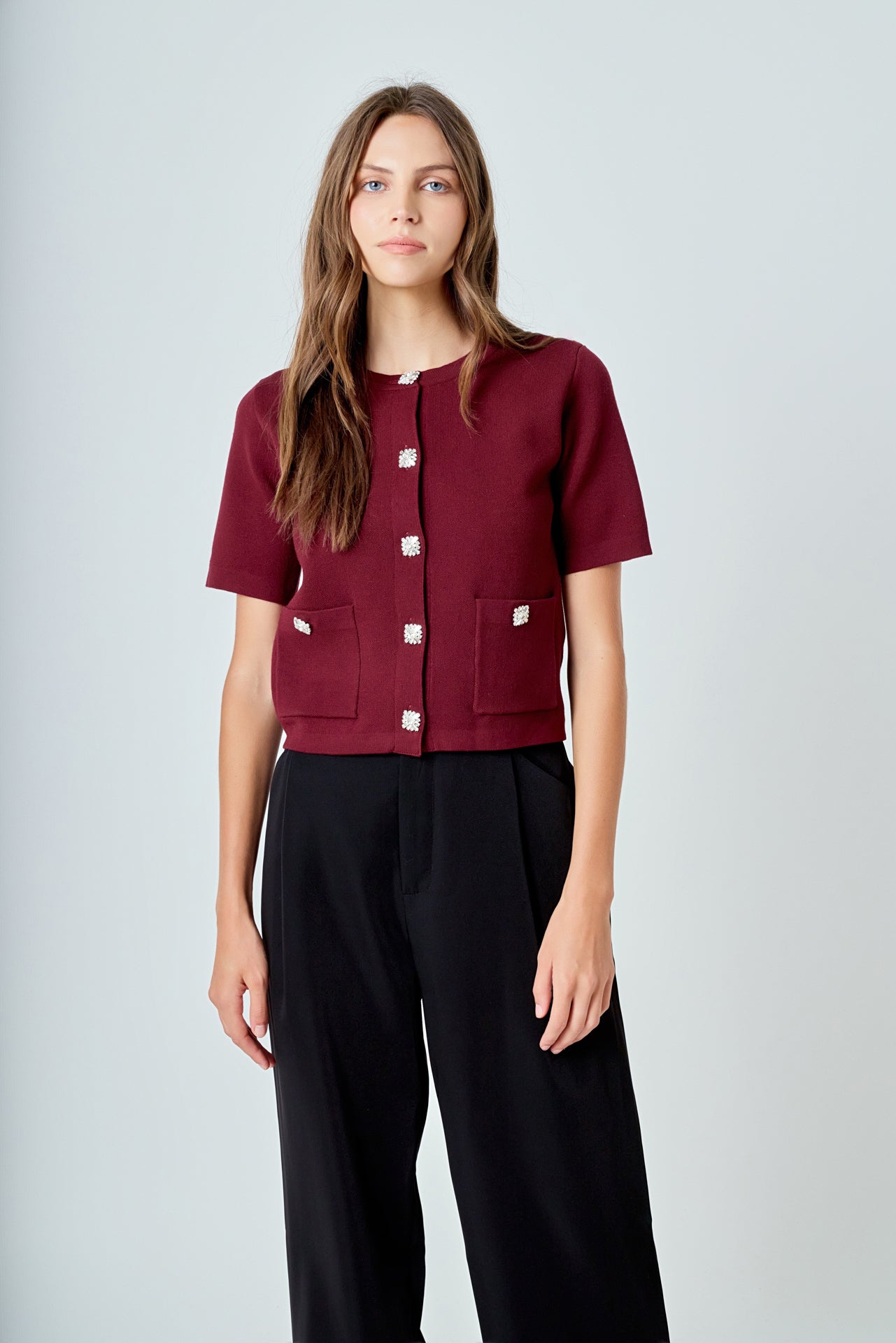 ENDLESS ROSE - Short Sleeve Jewel Button-Up Cardigan - SWEATERS & KNITS available at Objectrare