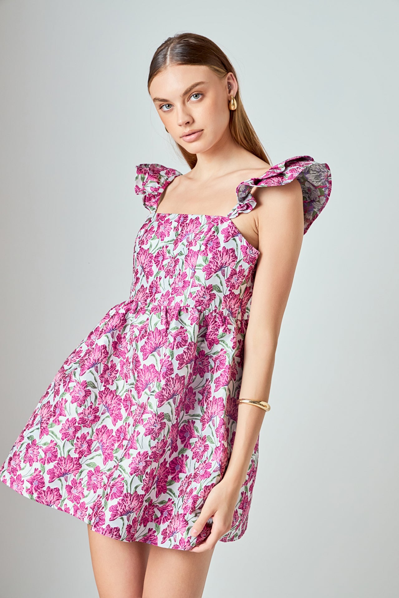 LA'VEN - Jacquard Cap Ruffle Sleeve Mini Dress - DRESSES available at Objectrare