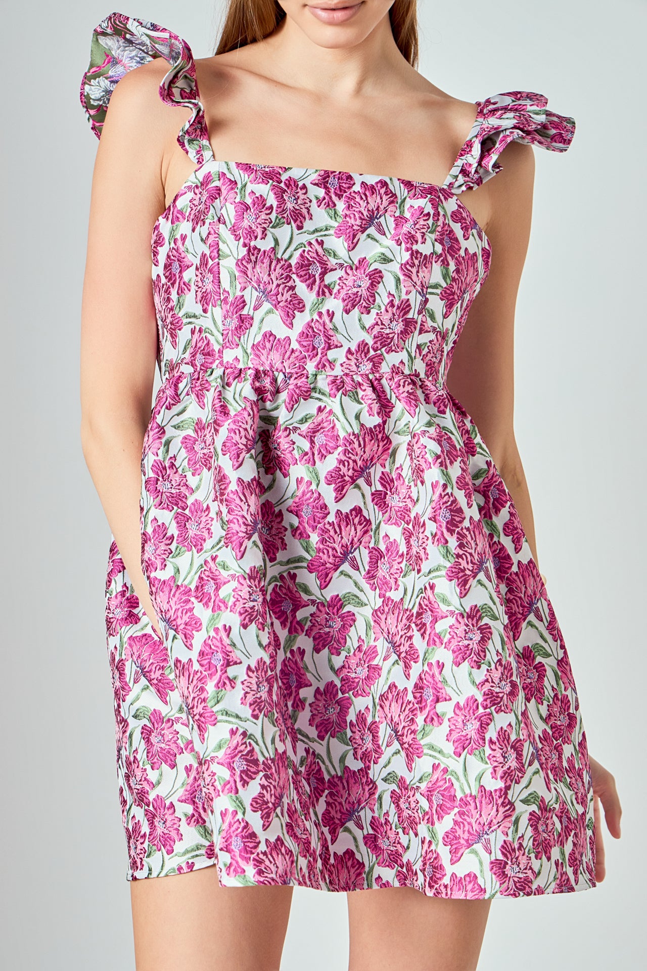 LA'VEN - Jacquard Cap Ruffle Sleeve Mini Dress - DRESSES available at Objectrare