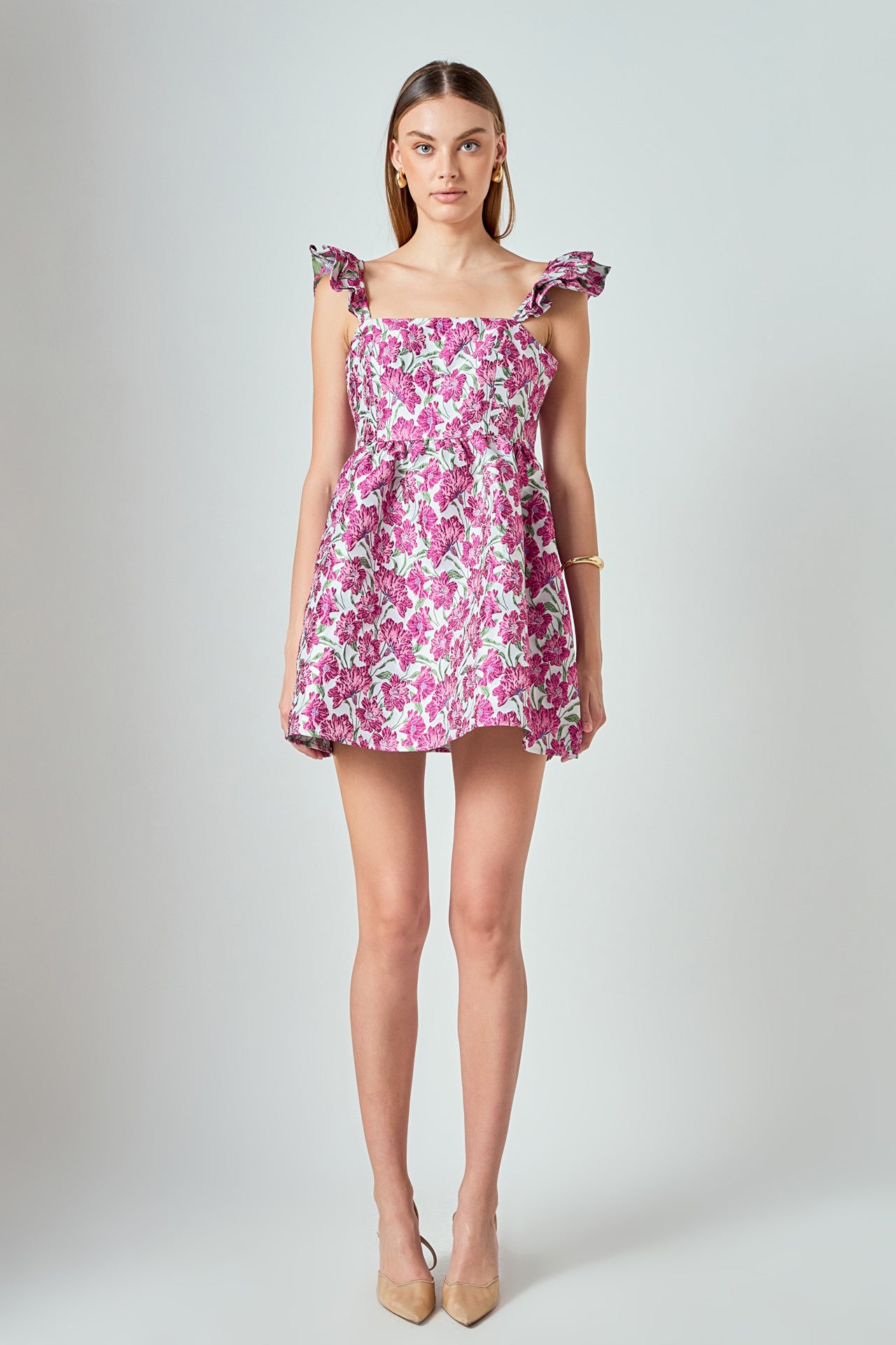 LA'VEN - Jacquard Cap Ruffle Sleeve Mini Dress - DRESSES available at Objectrare