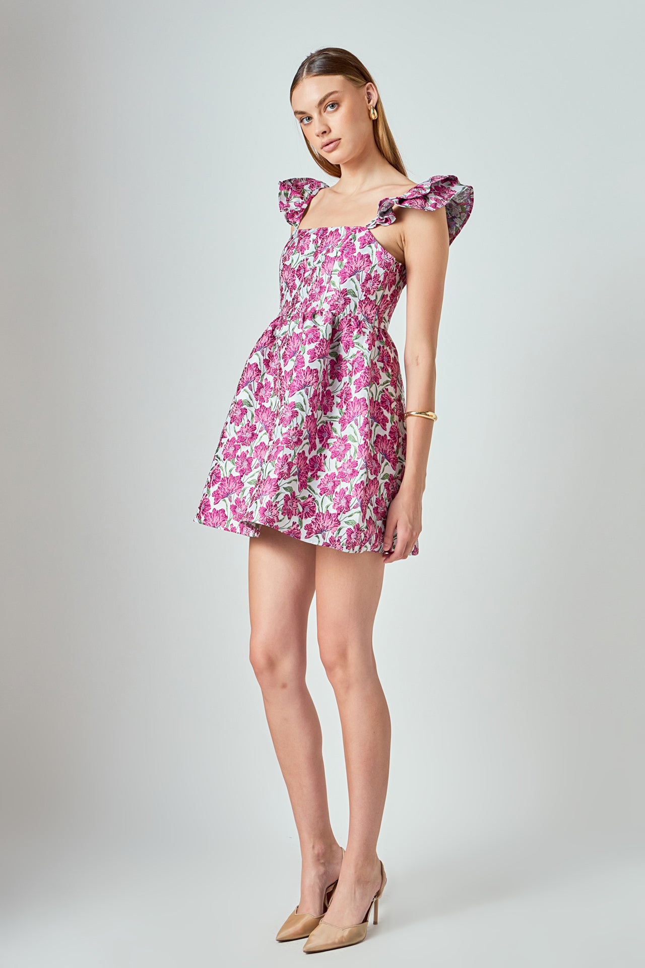 LA'VEN - Jacquard Cap Ruffle Sleeve Mini Dress - DRESSES available at Objectrare