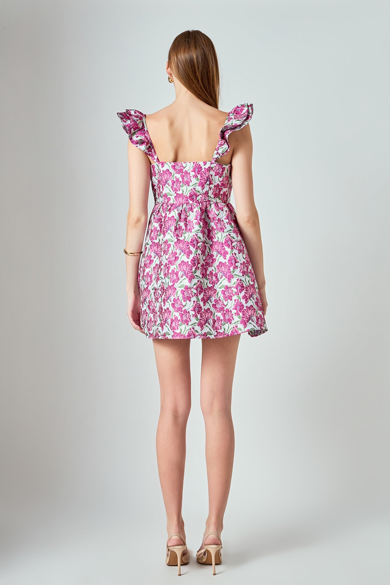 LA'VEN - Jacquard Cap Ruffle Sleeve Mini Dress - DRESSES available at Objectrare