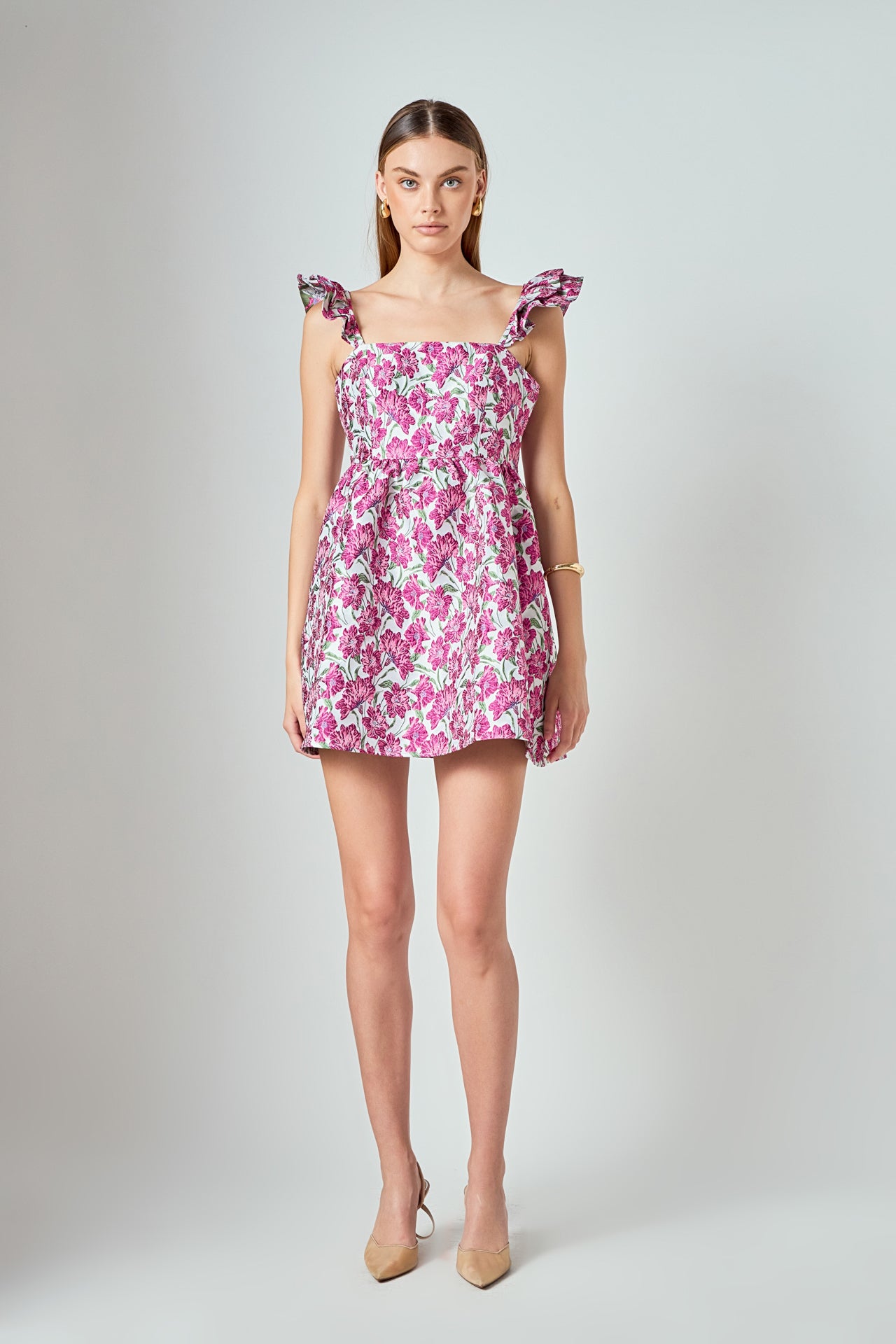 LA'VEN - Jacquard Cap Ruffle Sleeve Mini Dress - DRESSES available at Objectrare