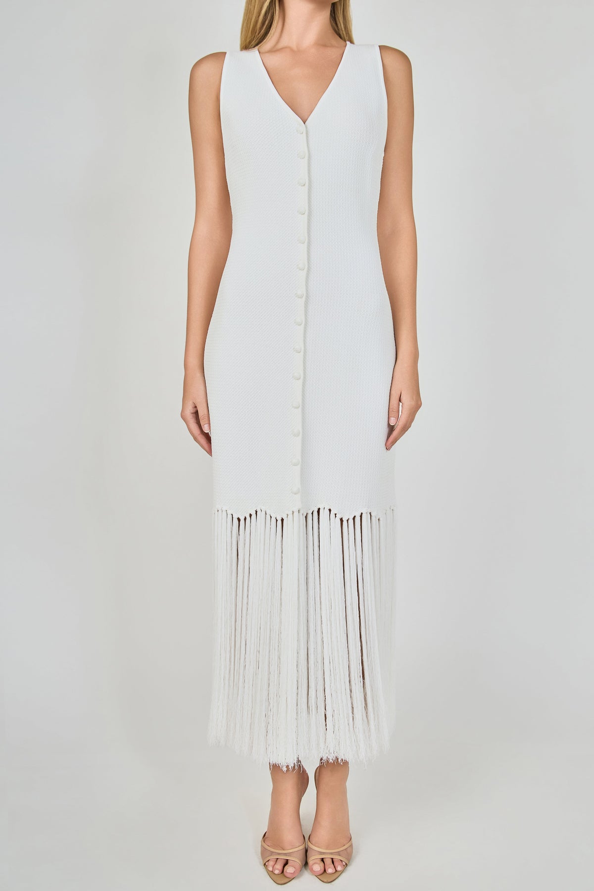 Sleeveless Fringed Knit Midi Dress