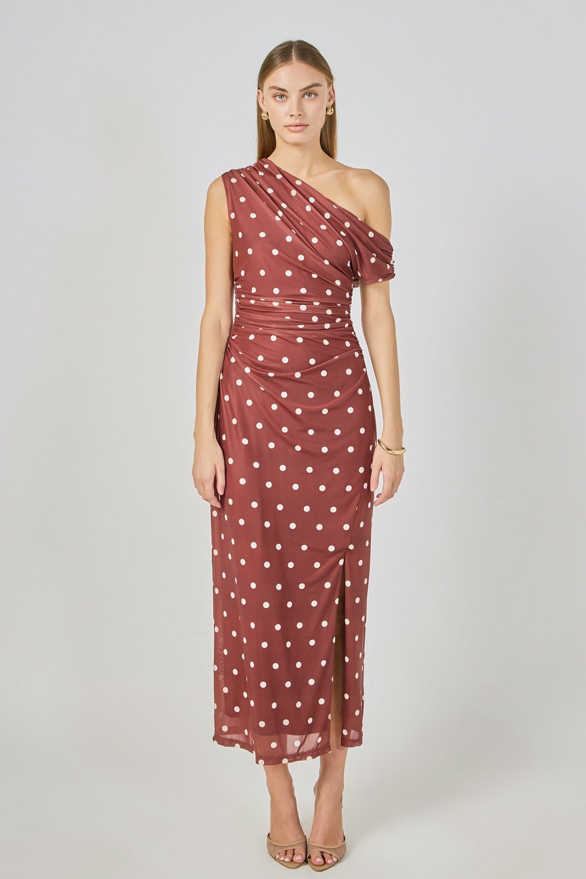 ENDLESS ROSE - Off Shoulder Polka Dot Mesh Maxi Dress - DRESSES available at Objectrare