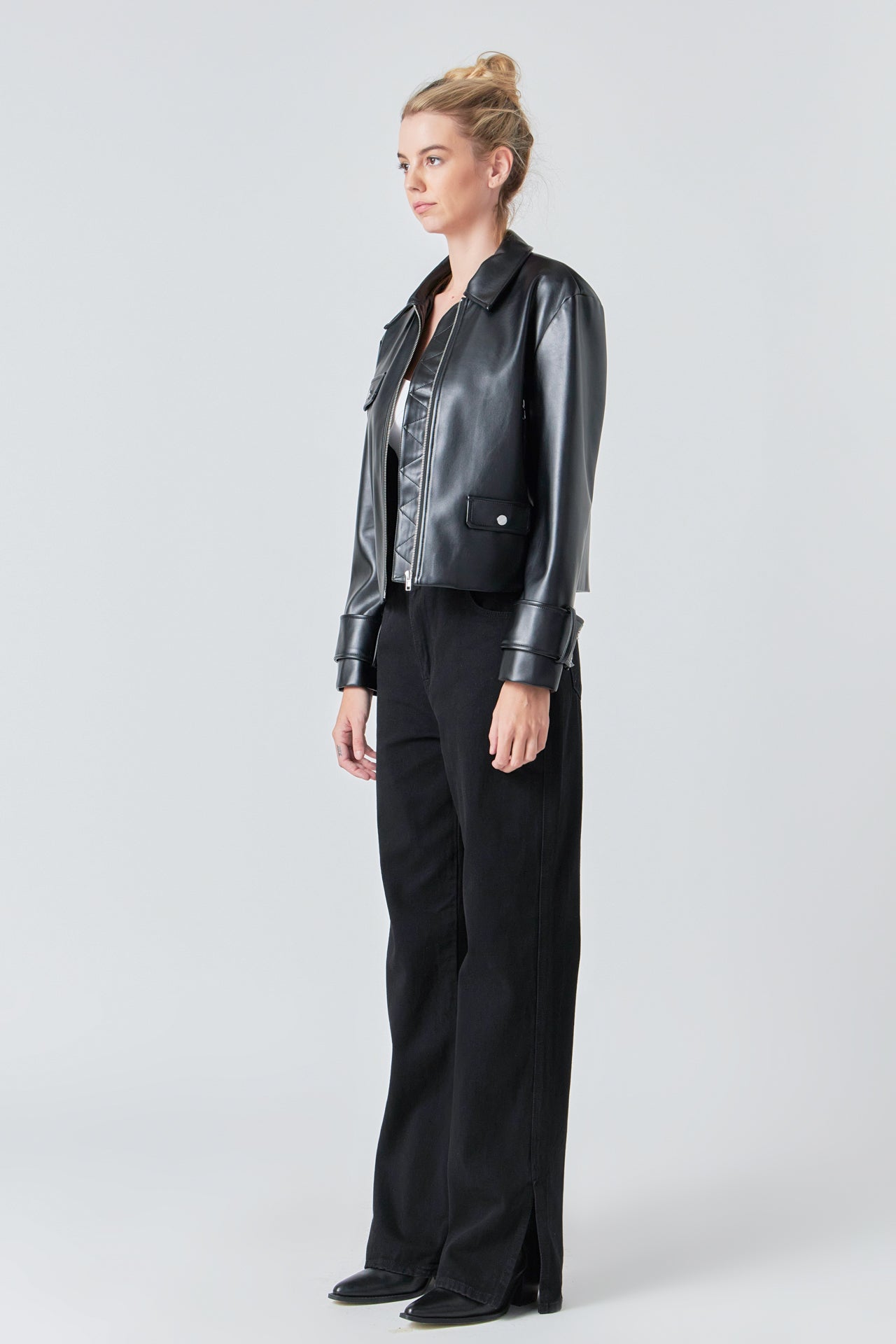 GREY LAB - Zip Up Cropped Faux Leather Jacket - JACKETS available at Objectrare