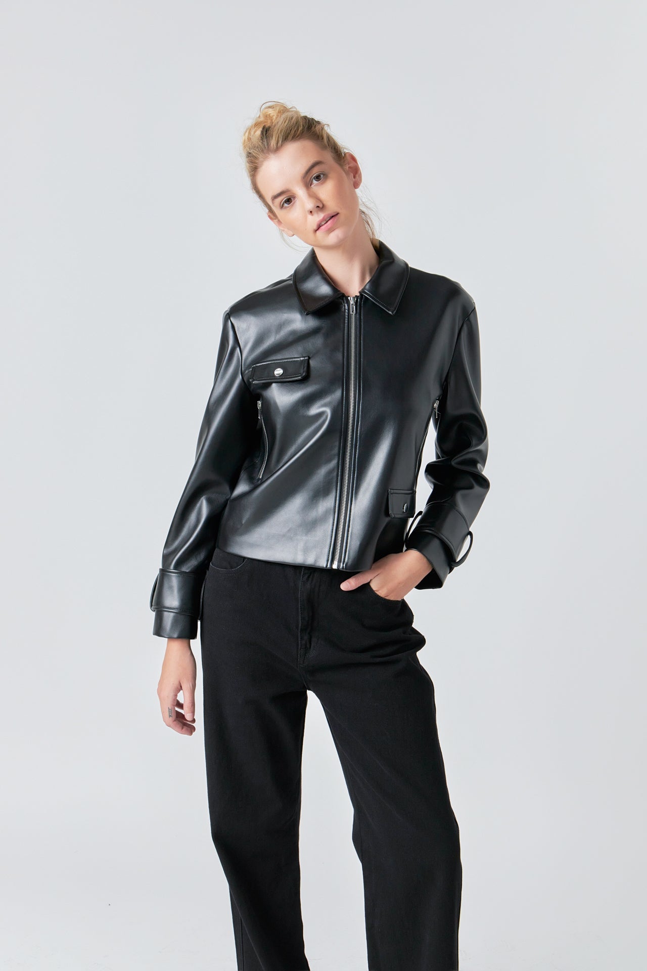 GREY LAB - Zip Up Cropped Faux Leather Jacket - JACKETS available at Objectrare