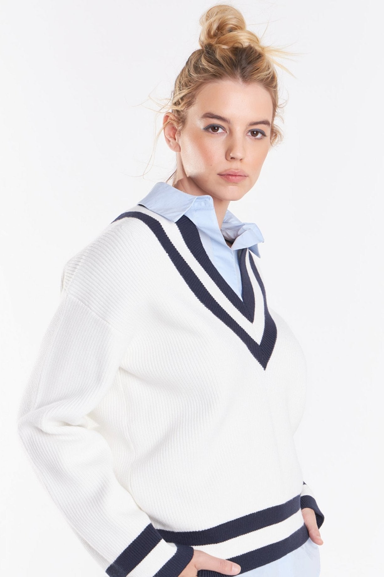 GREY LAB - Striped V-neck Knit Sweater - SWEATERS & KNITS available at Objectrare