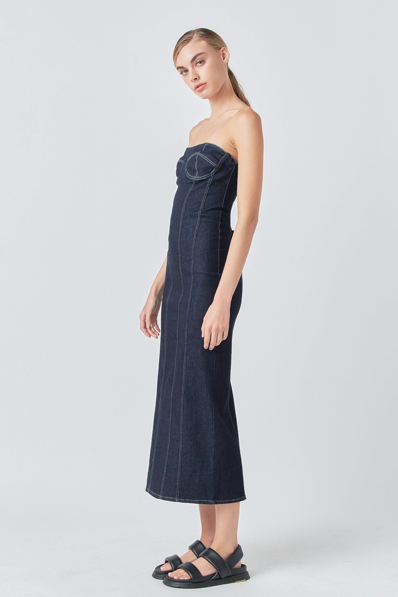 GREY LAB - Strapless Denim Midi Dress - DRESSES available at Objectrare