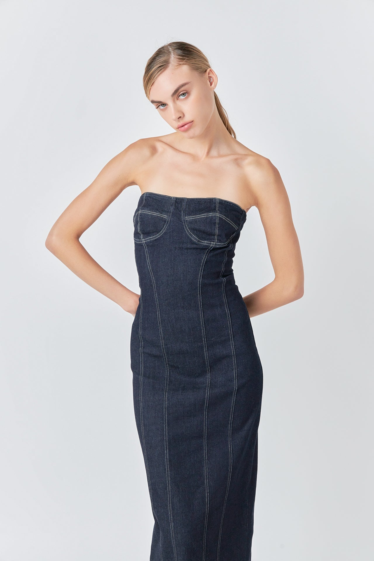 GREY LAB - Strapless Denim Midi Dress - DRESSES available at Objectrare