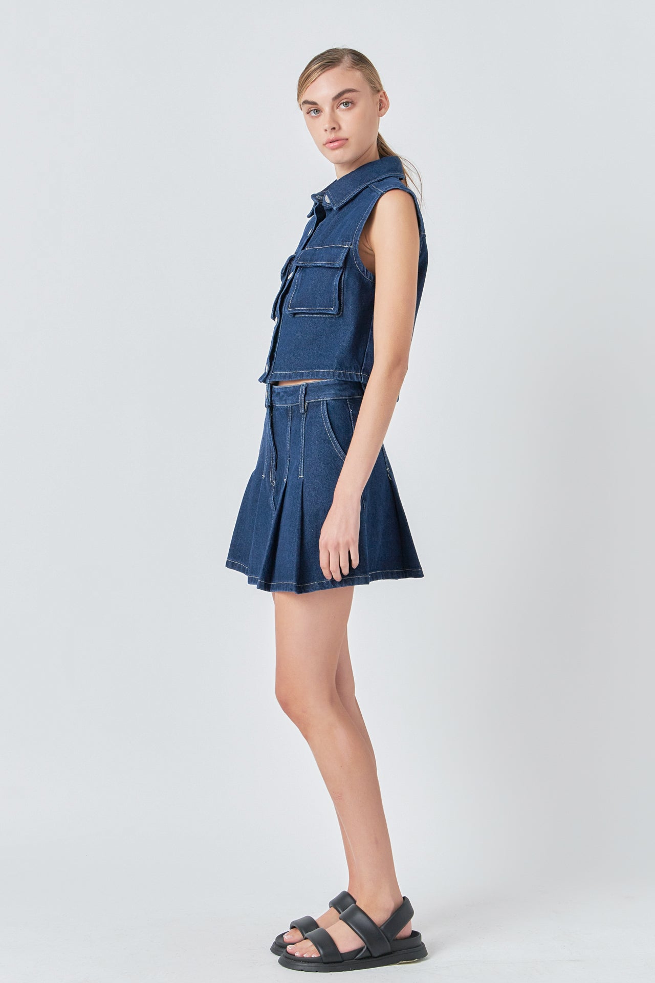 GREY LAB - Cropped Denim Vest with Pockets - TOPS available at Objectrare