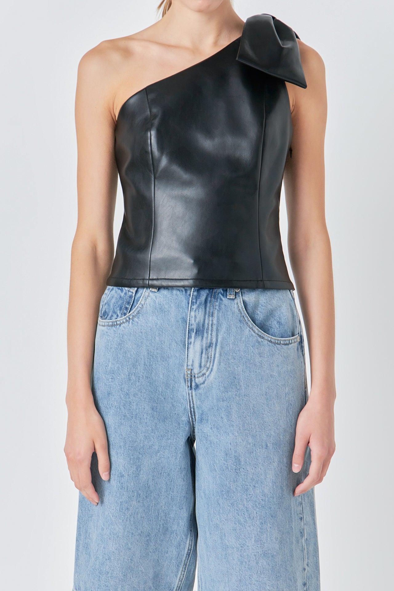 GREY LAB - Asymmetric Faux Leather Top with Bow Tie - TOPS available at Objectrare