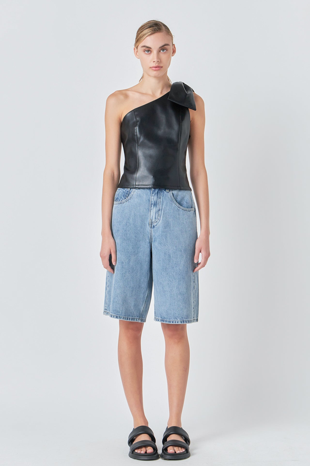 GREY LAB - Asymmetric Faux Leather Top with Bow Tie - TOPS available at Objectrare